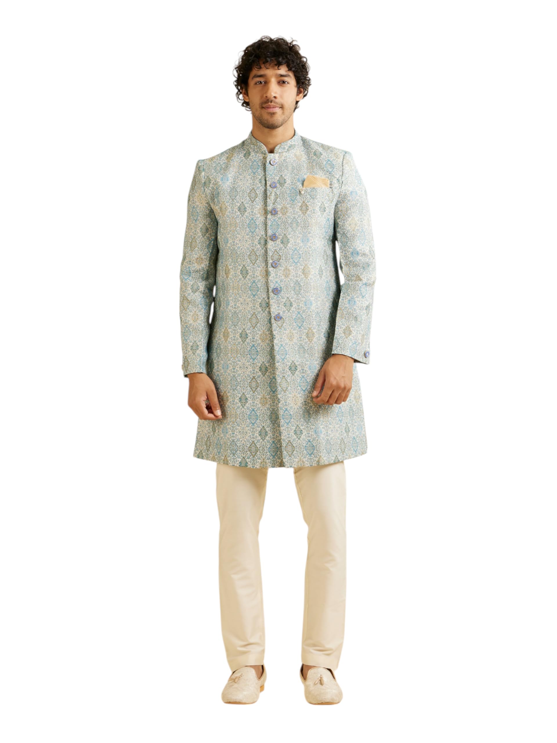 manyavar Men's Brocade Conch Shell Print Kurta Set (2pcs)-picture-17