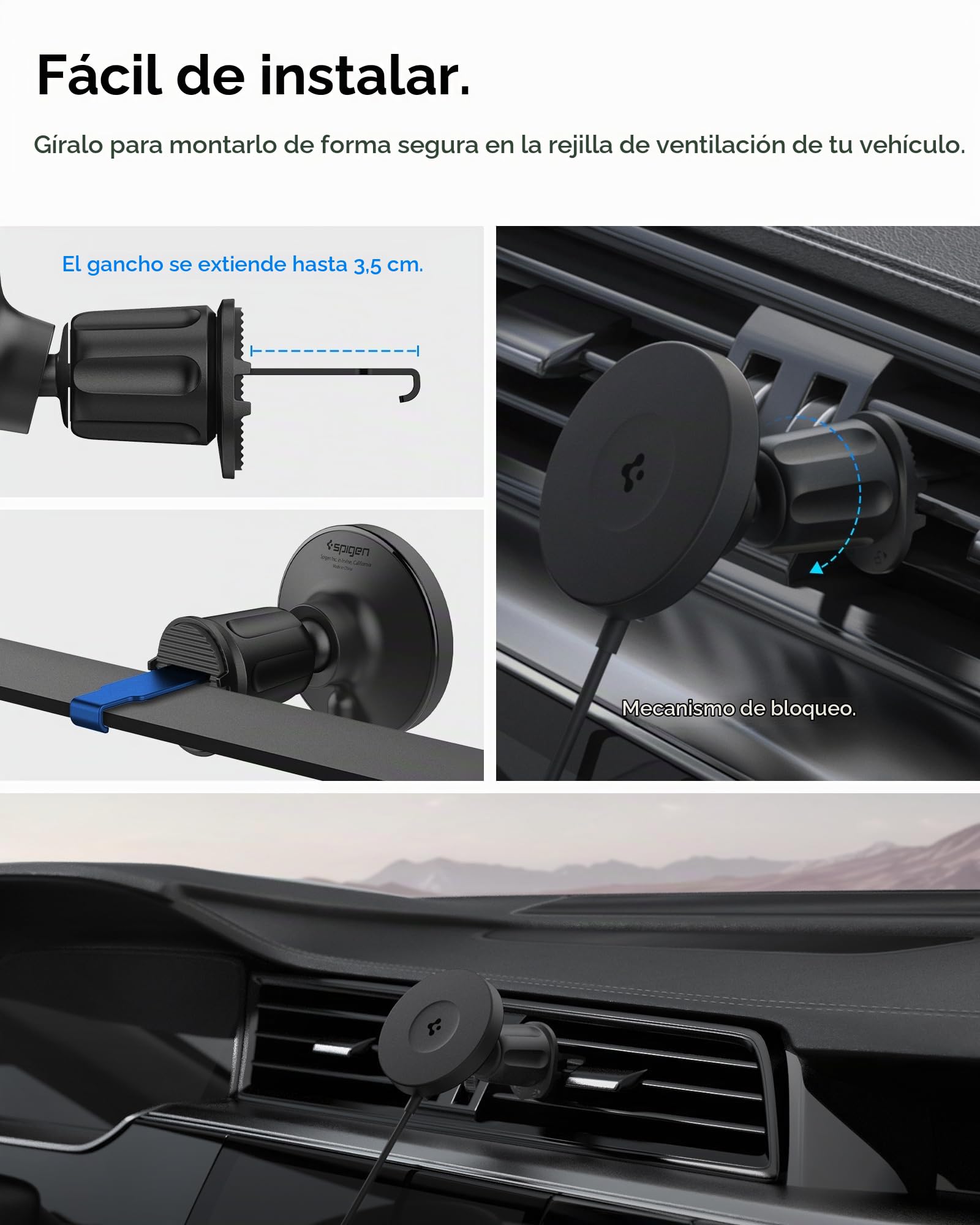 Spigen OneTap Pro 4 MagFit Qi2 15W Cargador inalámbrico Magsafe rápido Montaje en automóvil, Soporte para teléfono automóvil, Compatible con iPhone 16, 15, 14, 13, 12 Series - Gancho de Ventilación