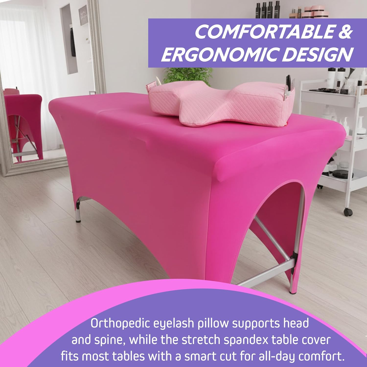| Lash Bed Cover + Pillow (Pink) | Spa Bed Cover for Lash Extension Bed | Curved Lash Bed Pillow with Neck and Back Support