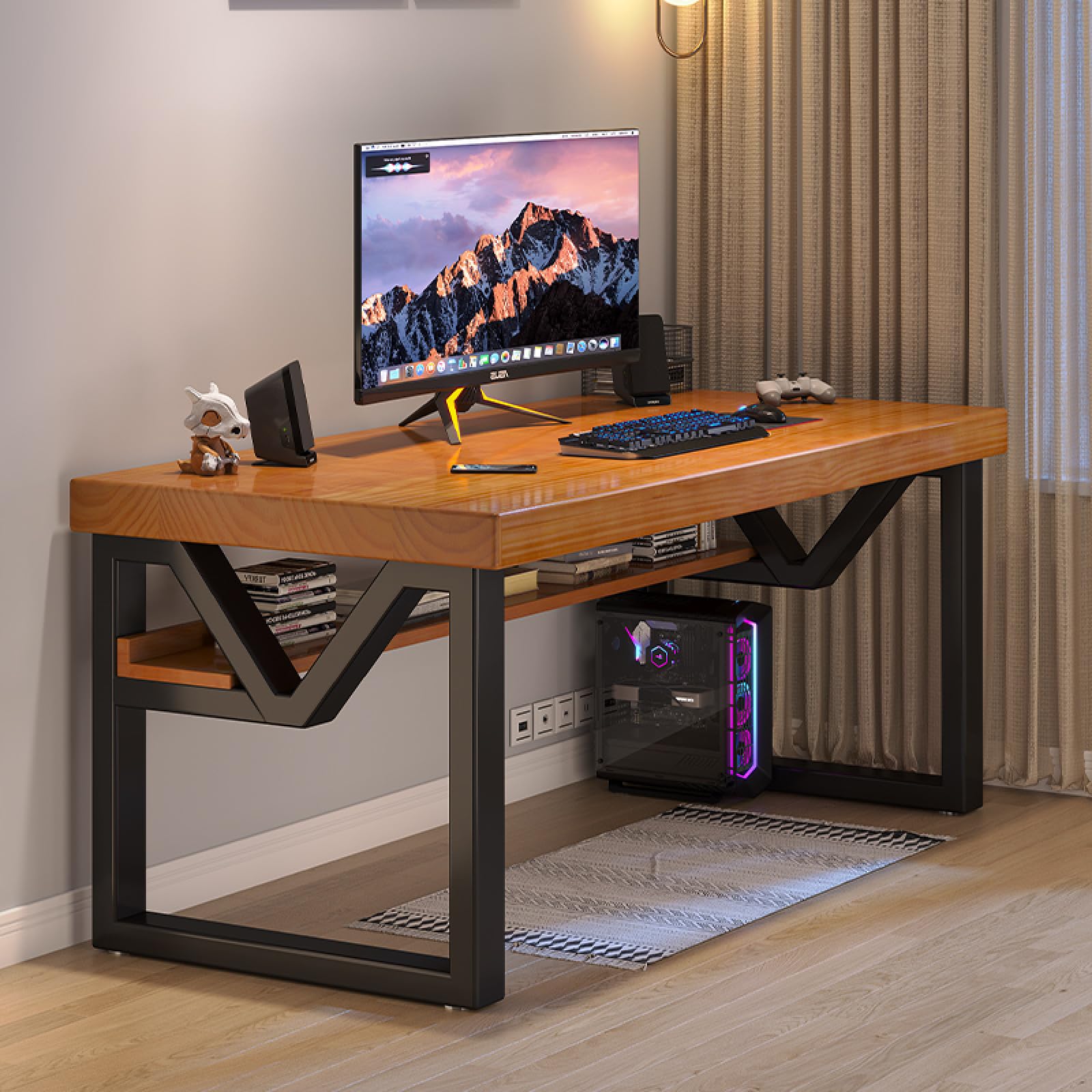 Biurko komputerowe z dolnymi półkami na książki, domowe biuro, lite drewno, nowoczesna stacja robocza do nauki, 119 cm