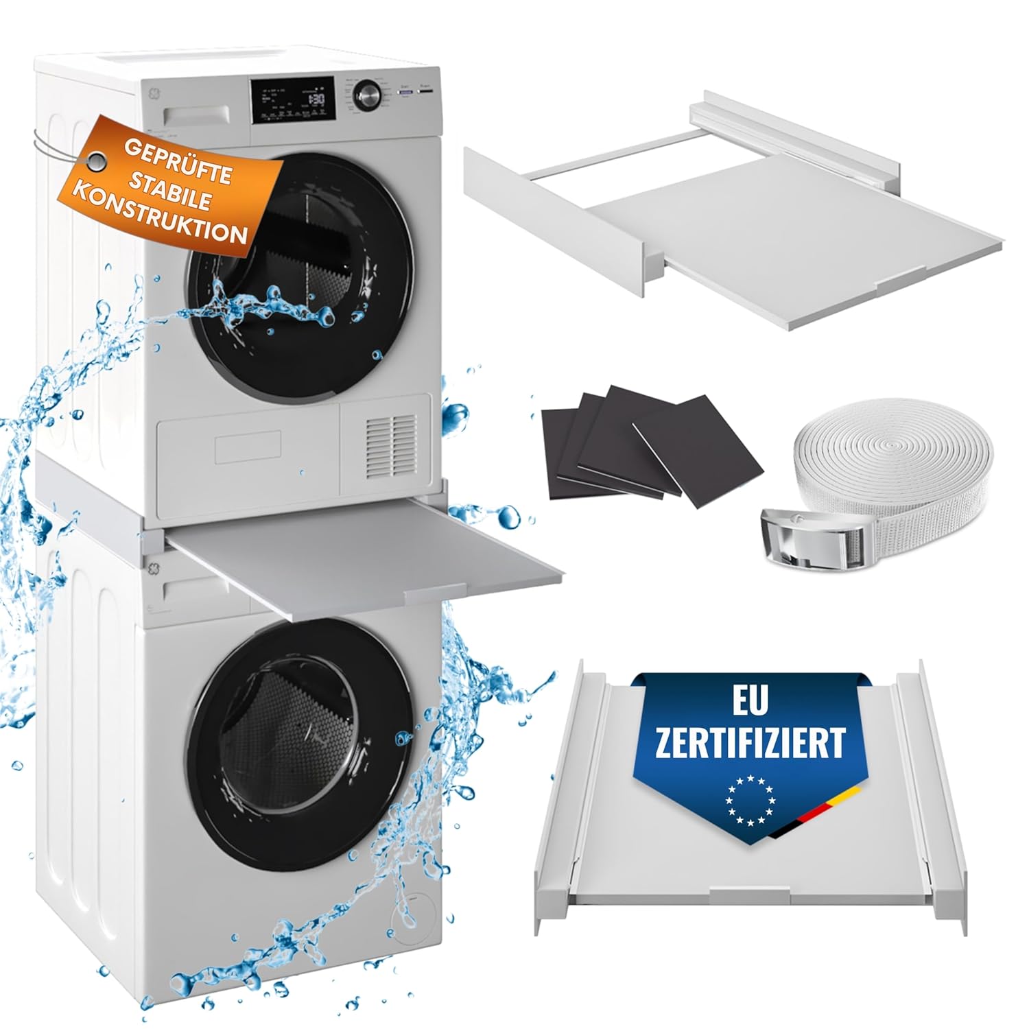 MEISTERWERK – Intermediate frame with pull-out shelf – (EU certified) connecting frame for washing machine and dryer – intermediate kit with storage surface