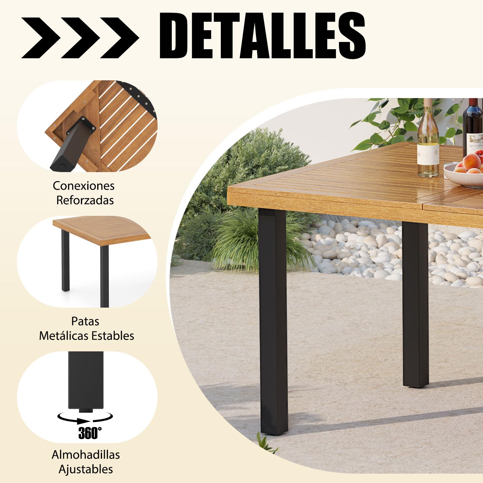 COSTWAY Mesa Jardin Exterior de Madera Acacia, 200 x 100 cm, Mesa Comedor Exterior para 8 Personas, Orificio para Sombrilla, Mesa Rectangular Terraza Balcon Jardin, Natural y Negro