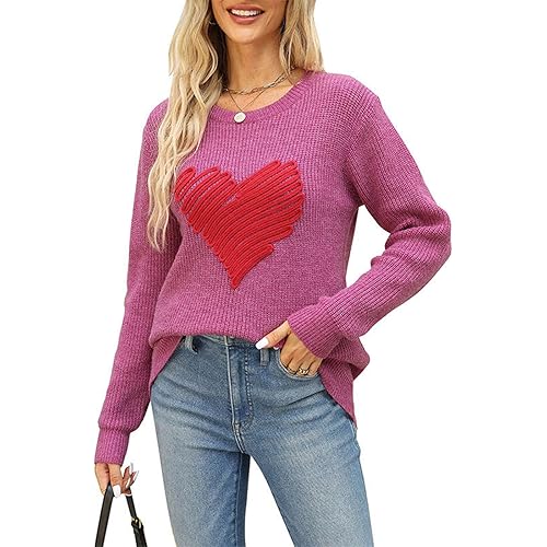 Women's Love Heart Pullover Sweater Long Sleeve Crewneck Sweater Oversized Knit Sweater