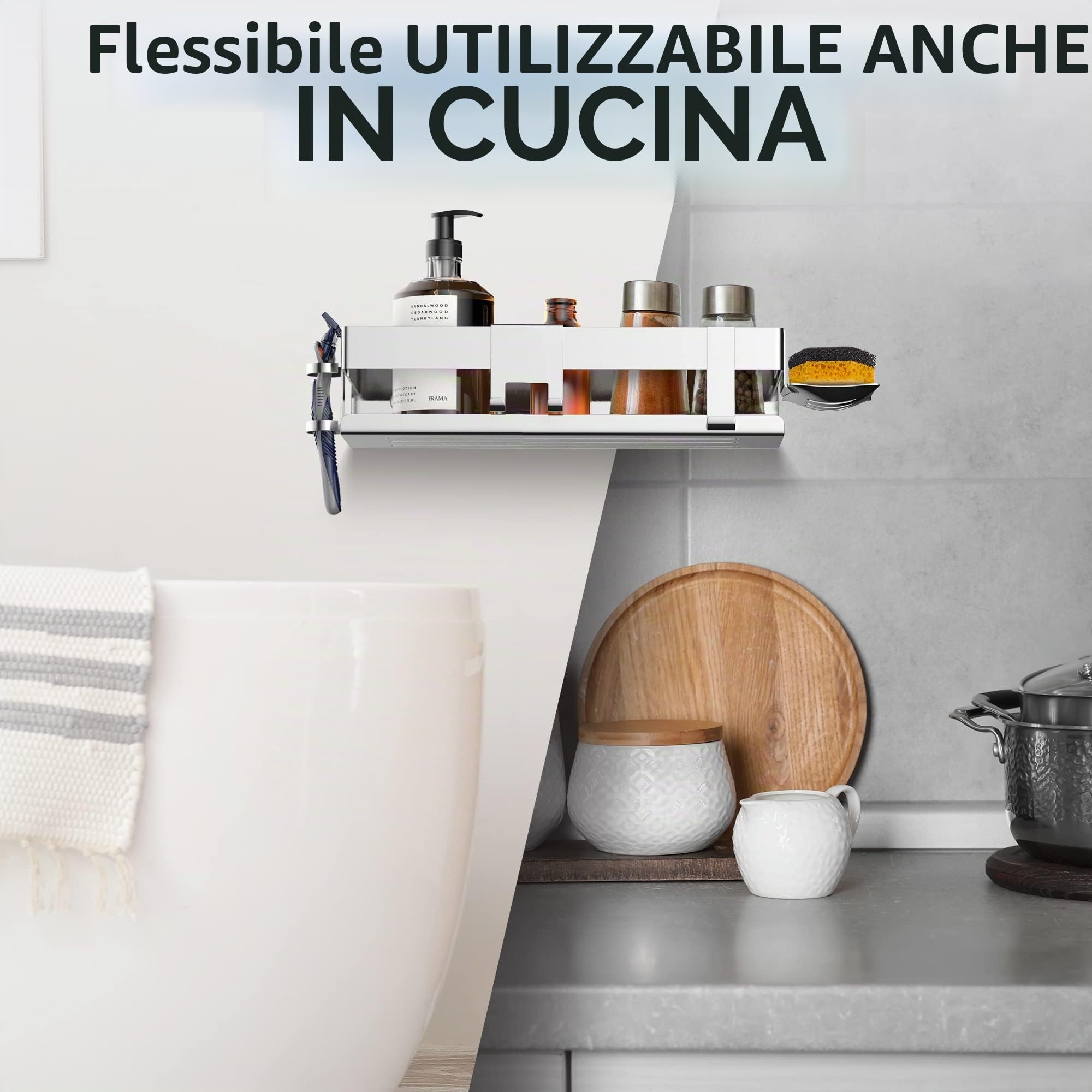 HENAL® Set di ripiani per doccia 5 in 1, in acciaio inox lucido, incollare senza forare, con supporto per rasoio, supporto per tergicristallo doccia, portasapone e gancio, XXL
