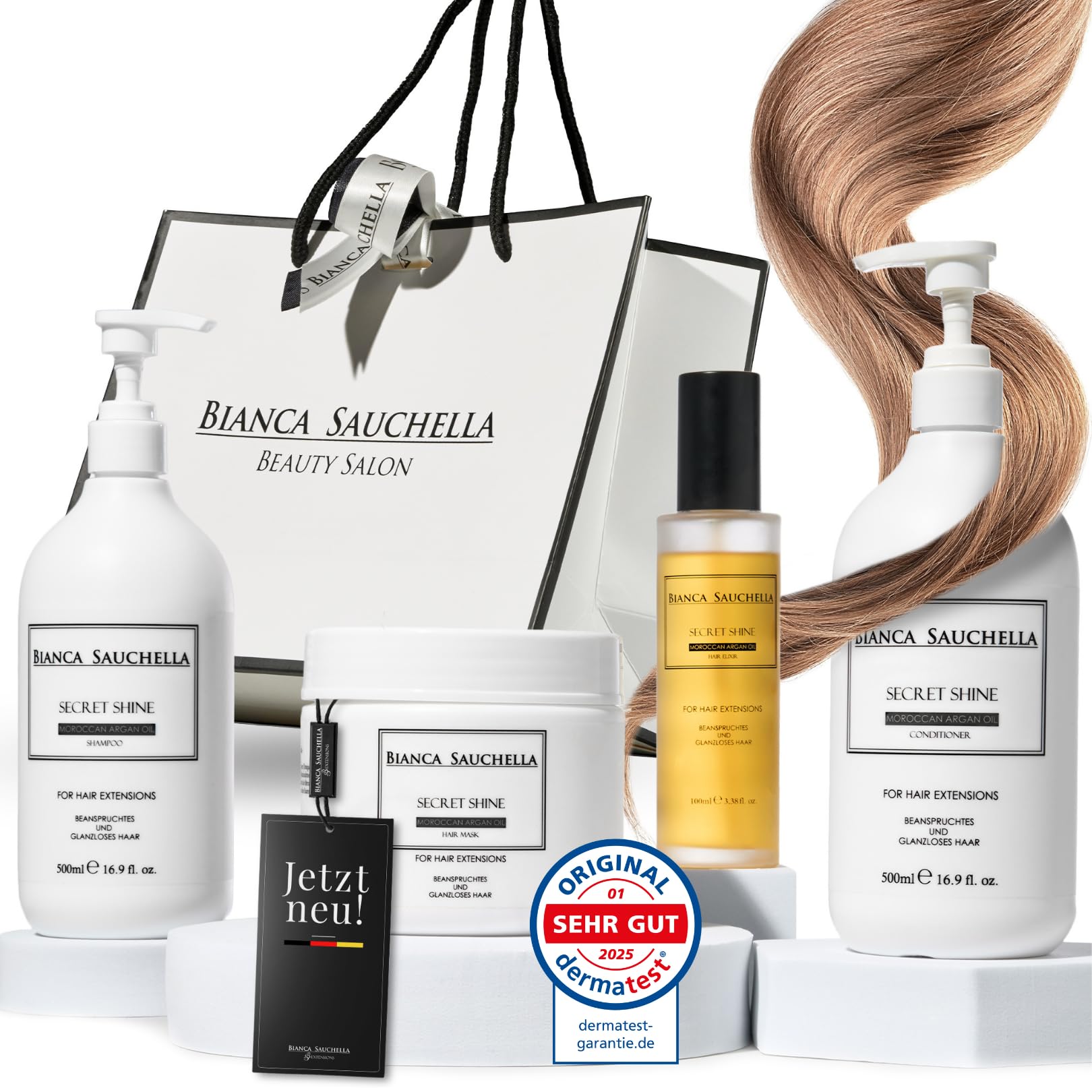 Secret Shine Set – Arganöl Shampoo, Conditioner, Haarmaske & Haaröl mit Collagen & Vitamin B3 – Pflege für glänzendes Haar & Echthaar-Extensions, parabenfrei