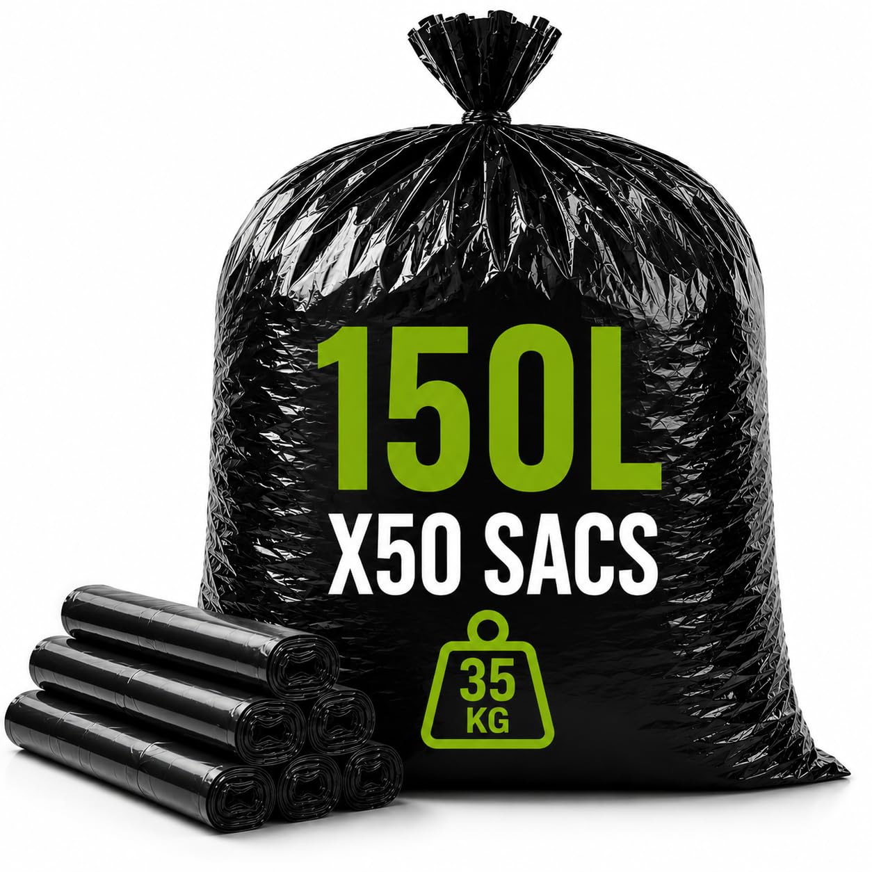 Bolsa de basura reforzada 150L | 50 bolsas ultra resistentes PEBD | Capacidad 35kg | Bolsa profesional antifugas y antidesgarros | Residuos pesados y cortantes | Trabajos, Oficinas, Comercios