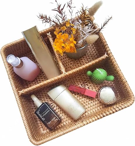 Miniatura 7 de Caja de almacenamiento rectangular de ratán tejida a mano, 3 compartimentos, organizador de cosméticos, utensilios y cesta para servir botellas