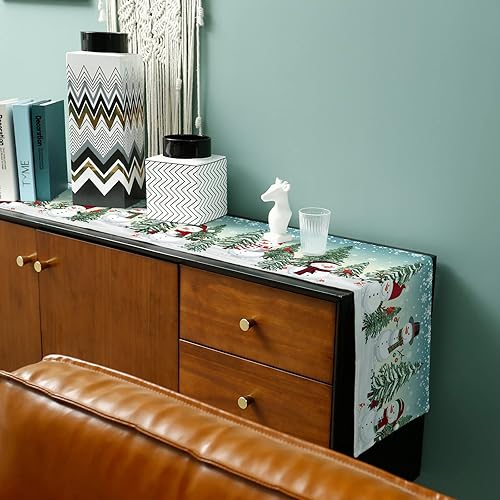 Miniatura 6 de Camino de mesa de Navidad de 70 pulgadas de largo, algodón y lino, bufandas, muñeco de nieve, copo de nieve, invierno, árbol de Navidad, a cuadros,