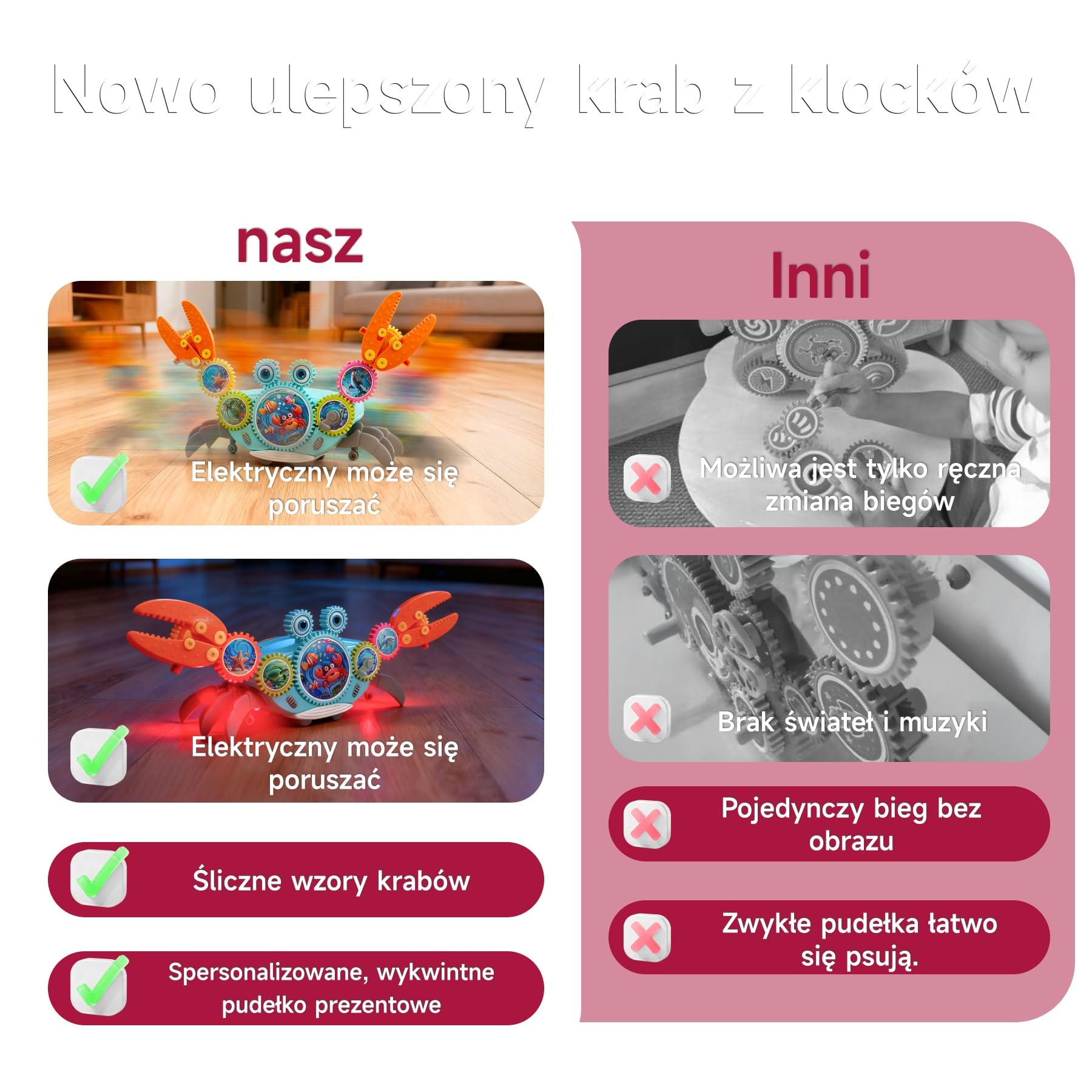 Klocki zębate krab, kreatywna zabawka konstrukcyjna z ruchem bocznym, muzyką i światłem, Montessori sensoryczna edukacyjna z wykrywaniem przeszkód, dla dzieci od 3 lat