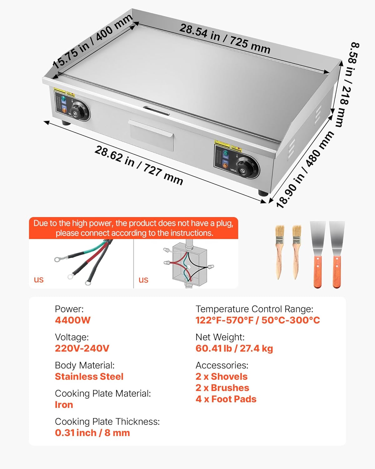 VEVOR Commercial Electric Griddle, 28.54 x 15.75 in, 4400W, 122-570°F Adjustable Temp Control, Stainless Steel Countertop Full Flat Top Grill with 2 Spatulas, 2 Brushes, for Steak, Pancake(NO PLUG)