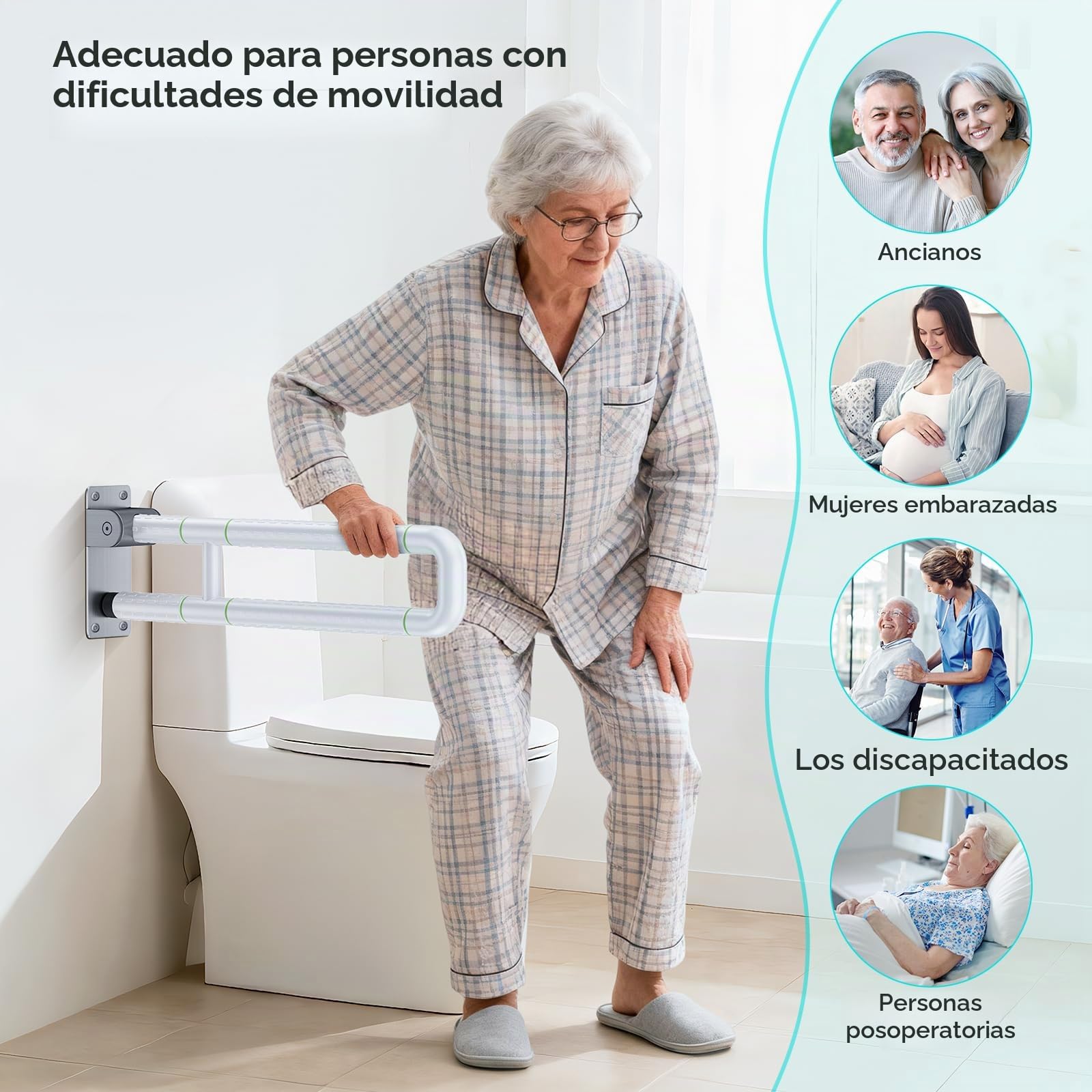 Barra Baño Minusvalido, 60cm Soporte Minusvalidos Baño, Soporta de 150KG, Asidero WC, Barra de seguridad Baño para Ancianos,Embarazadas y Discapacitados