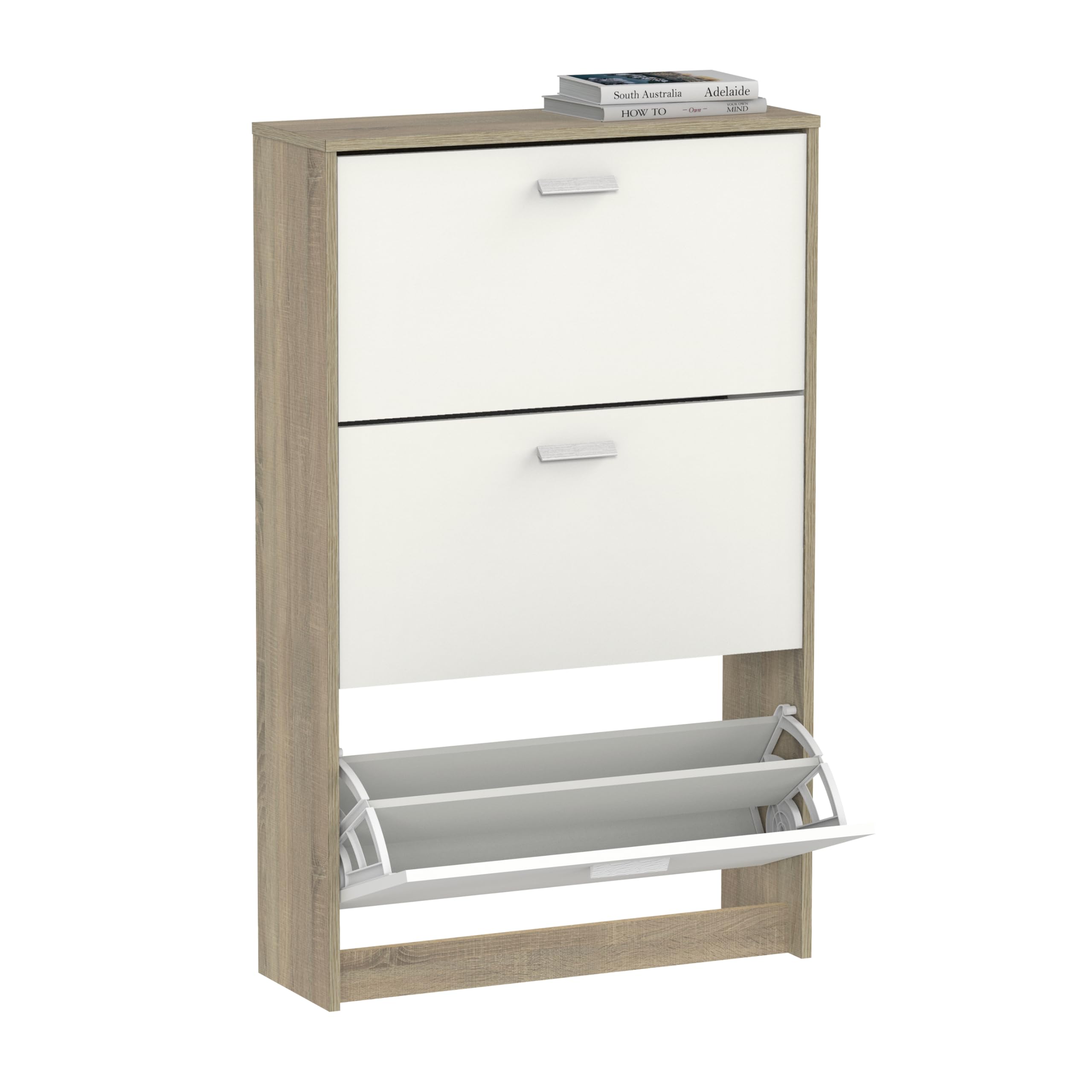 Muebles Pitarch | Scarpiera Ingresso Mobile ausiliario stretto 3 porte per ingresso Bianco e Rovere Cambrian, 18 paia di scarpe, 82x74x25cm, Collezione Tibet