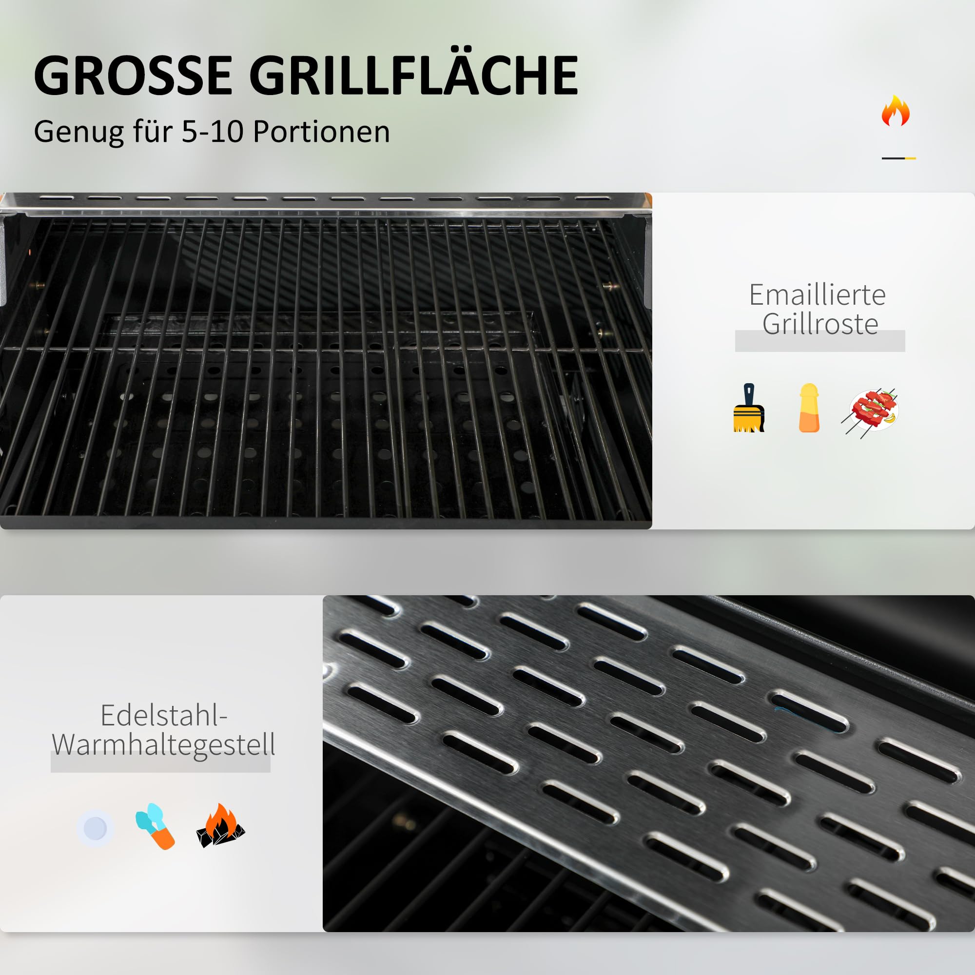 Outsunny Grill na węgiel drzewny, grill kempingowy z dwoma rusztami do grillowania, składana półka boczna, wózek z regałem, uchwyt do BBQ, stal nierdzewna, czarny, 120 x 64 x 114 cm
