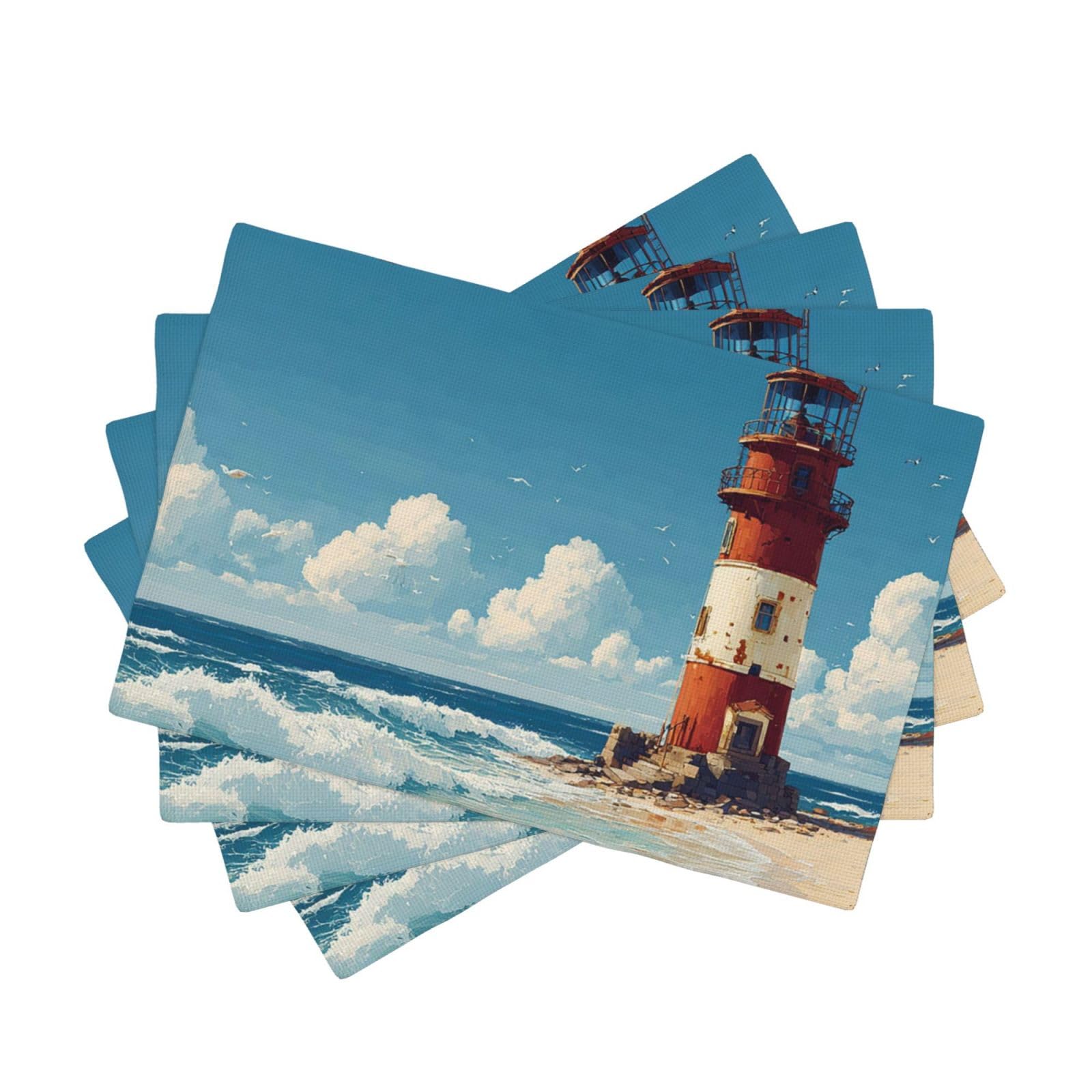 Placemats Set of One Size Washable Wipeable Table Mats Heat Resistant Weave Place Mats Sea Lighthouse Sandbeach Placemats Wrinkle Free Place Mats for Dining Table Party Holiday 30 x 45 cm