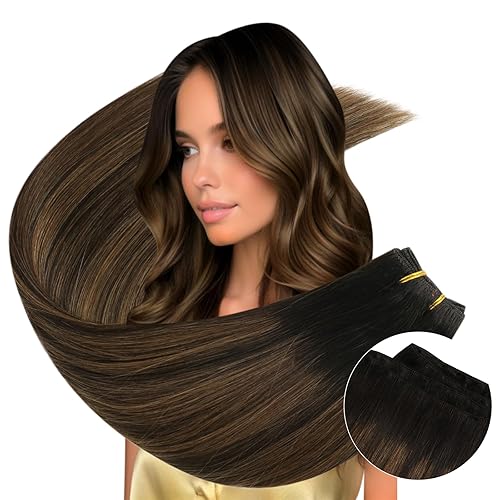 Ugeat Extensiones de cabello humano de trama marrón más oscuro, extensiones de cabello de doble trama, 20 pulgadas, extensiones de cabello cosidas,