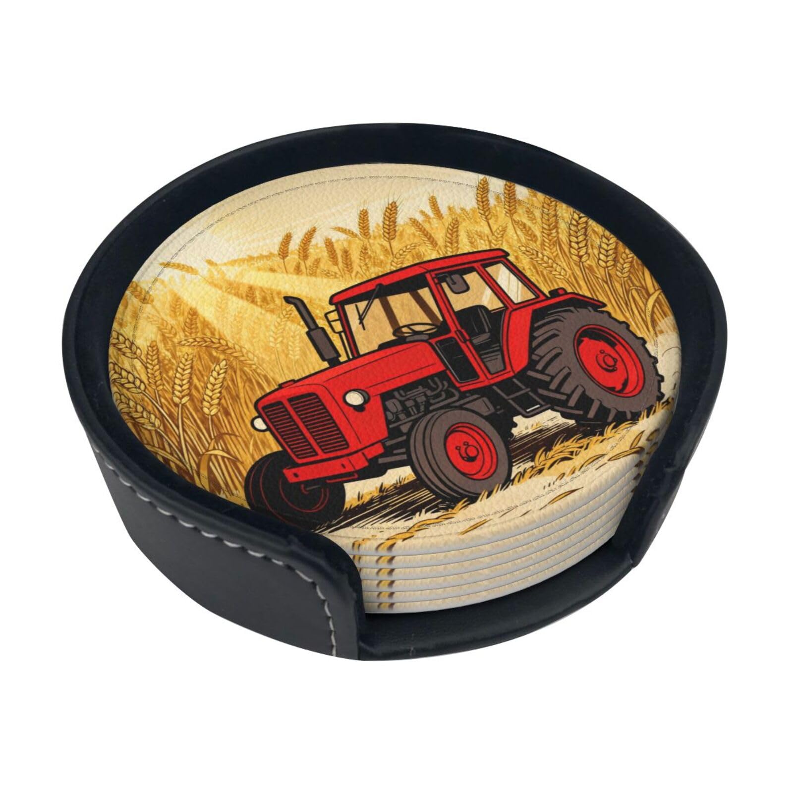Cntdbu White Wheat Field Leather Coasters Set Of 6-Pu Leather Drink Mats For Table, Heat Resistant Round Coasters With Holder
