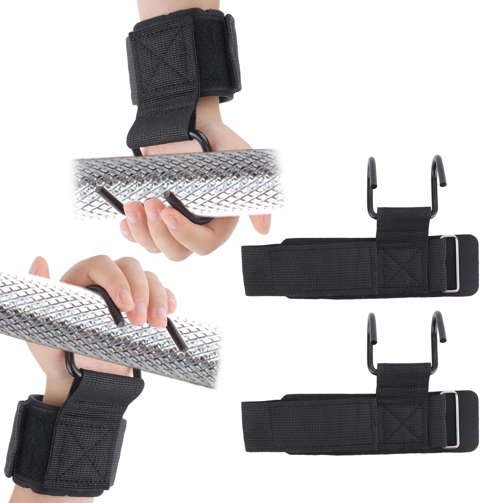 Penitue 2pcs Weight Lifting Hooks for Men and Women, 200lbs Black Fitness Wrist Hook Weight Grip Straps with Hooks for Gym Strength Training Pull-Ups Deadlifts Equipment