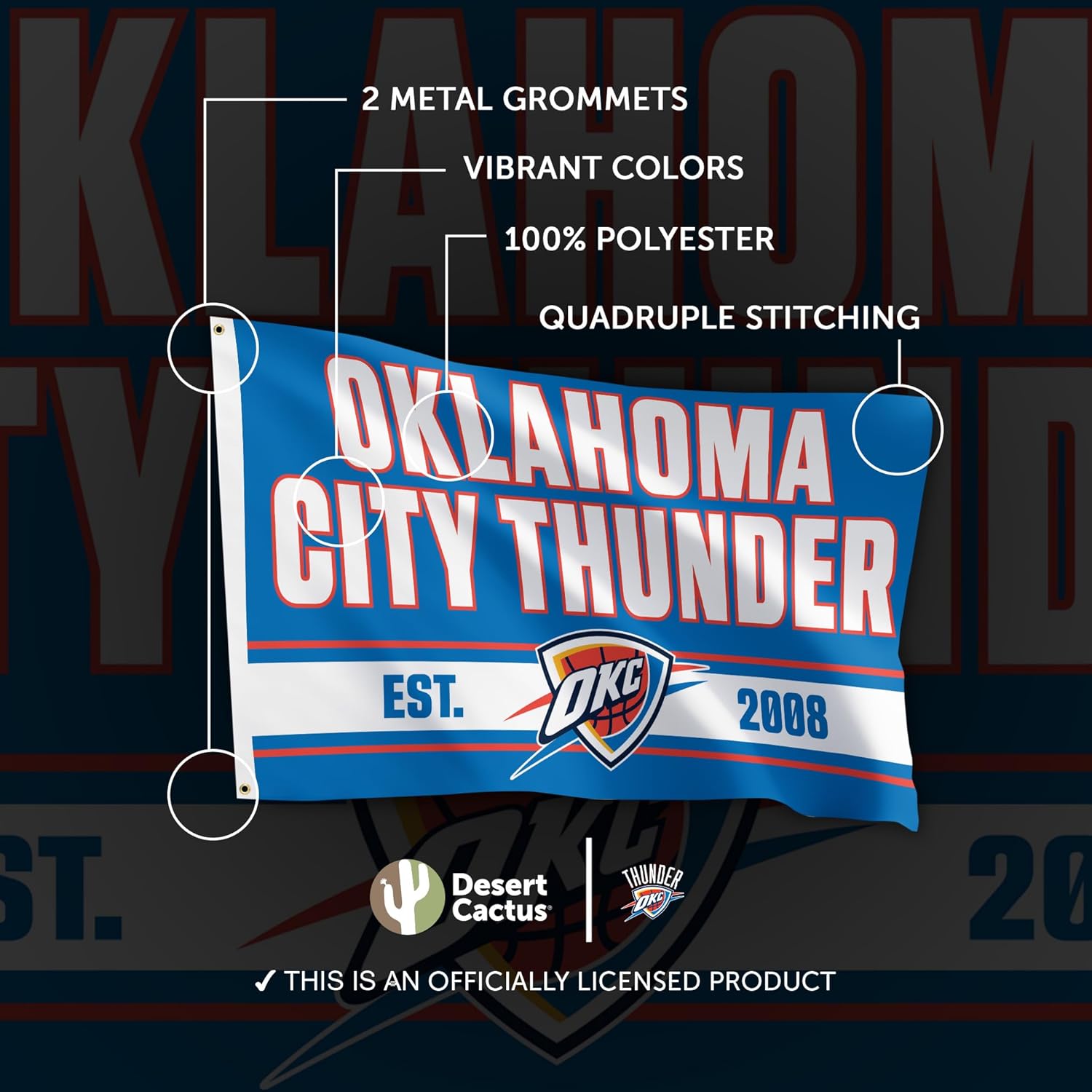 Desert Cactus Oklahoma City Thunder Flag NBA 100% Polyester Indoor Outdoor 3x5 feet National Basketball Association Team Flags (Flag Z) - Image 4