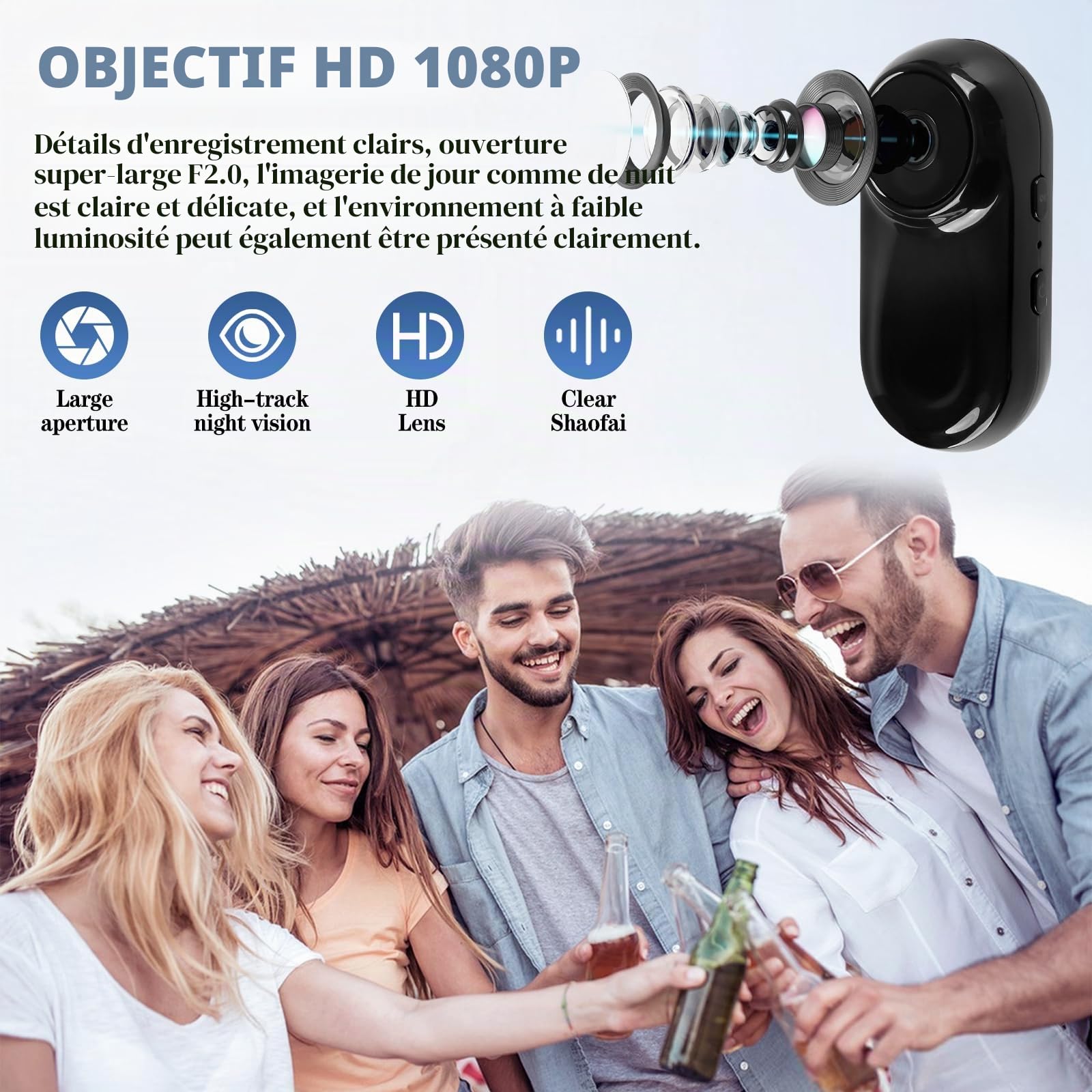 Mini caméra d'action pour le pouce 1080P HD, caméra corporelle portable pour vlogging avec grand angle de 130°/F2.0, caméra vidéo portable avec audio pour vlogging, voyages, sports