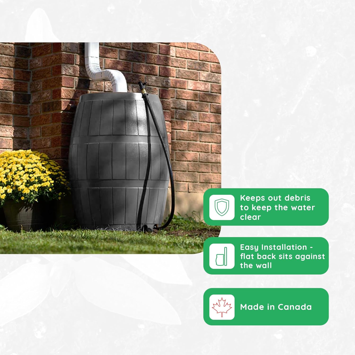 FCMP Outdoor Raincatcher 4000 Rain Barrel, Flat-Back Rainwater Catcher with Spigots, 50 Gallon, Grey - Portable Water Storage Container Tank for Home, Garden, and Backyard