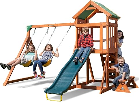 Sportspower Scottsdale Cedar Wood Swing Set 2 Adjustable Swings, Sandbox, Rock Climber, Covered Deck, 1 Slide - Exceeds ASTM Safety Standards