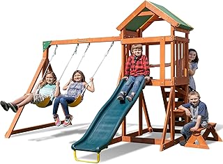 Sportspower Scottsdale Wood Swing Set: 2 Adjustable Swings, Sandbox, Rock Climber, Covered Deck, 1 Slide - Exceeds ASTM Safety Standards