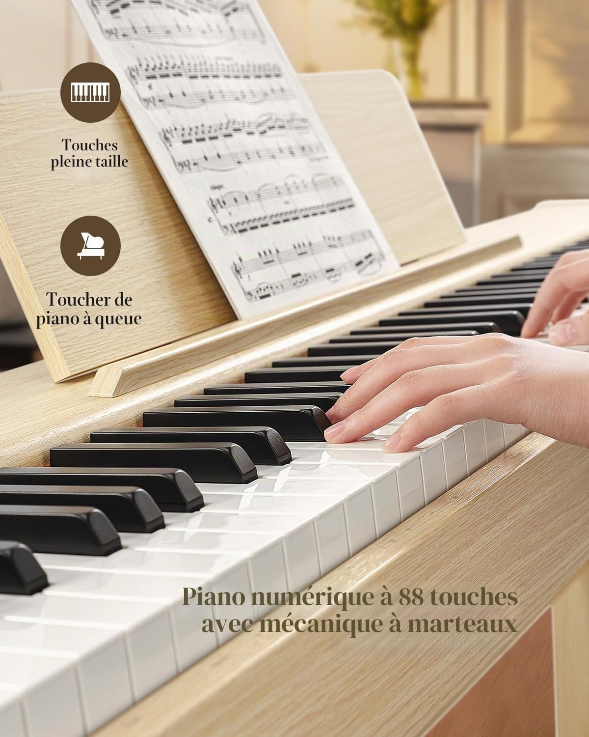 Eastar EUP-110 Piano Numérique 88 Touches Lestées, Piano Électrique Domestique pour Débutant, avec Casque, Autocollants Musicaux, Écran, 3 Pédales, Connexion Sans Fil, Enregistrement - Bois Clair