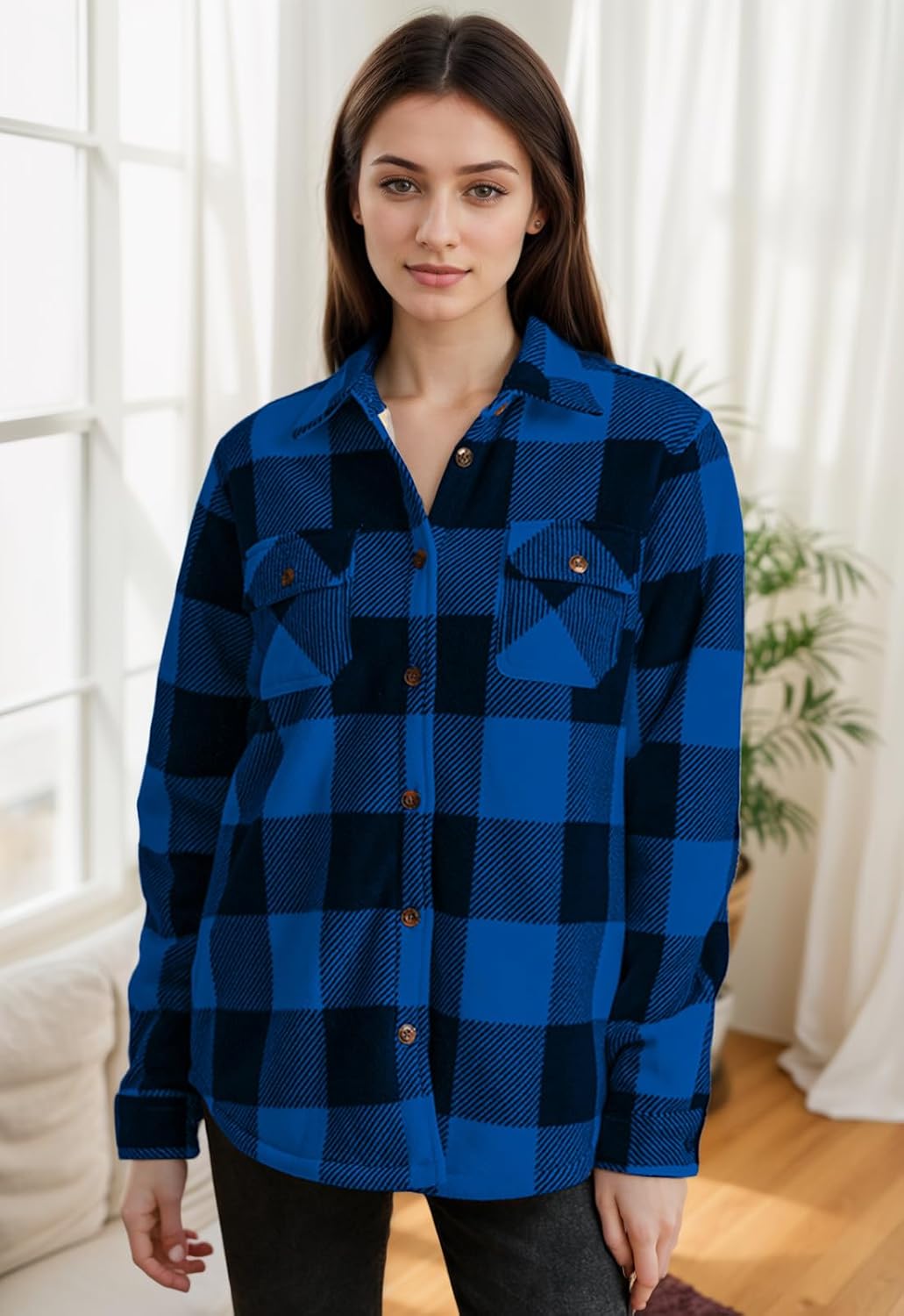 ThCreasa Womens Sherpa Fleece Lined Flannel Shirt Jacket Warm Button Up Plaid Shirt Jac (Sherpa Fleece Throughout) - Image 2