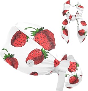 FVQL 2 Pieces Surgical Cap for Long Hair Scrub Cap with Hairband Nurse Cap, Strawberry Pattern Fruit