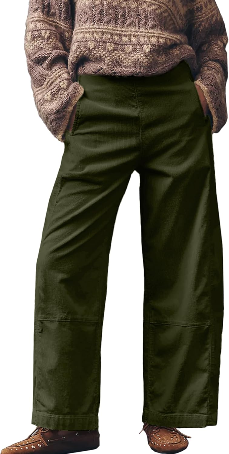 Womens Barrel Corduroy Pants Slim Fit Pull On Solid High Rise Elastic Waist Trousers with Pockets - Image 2