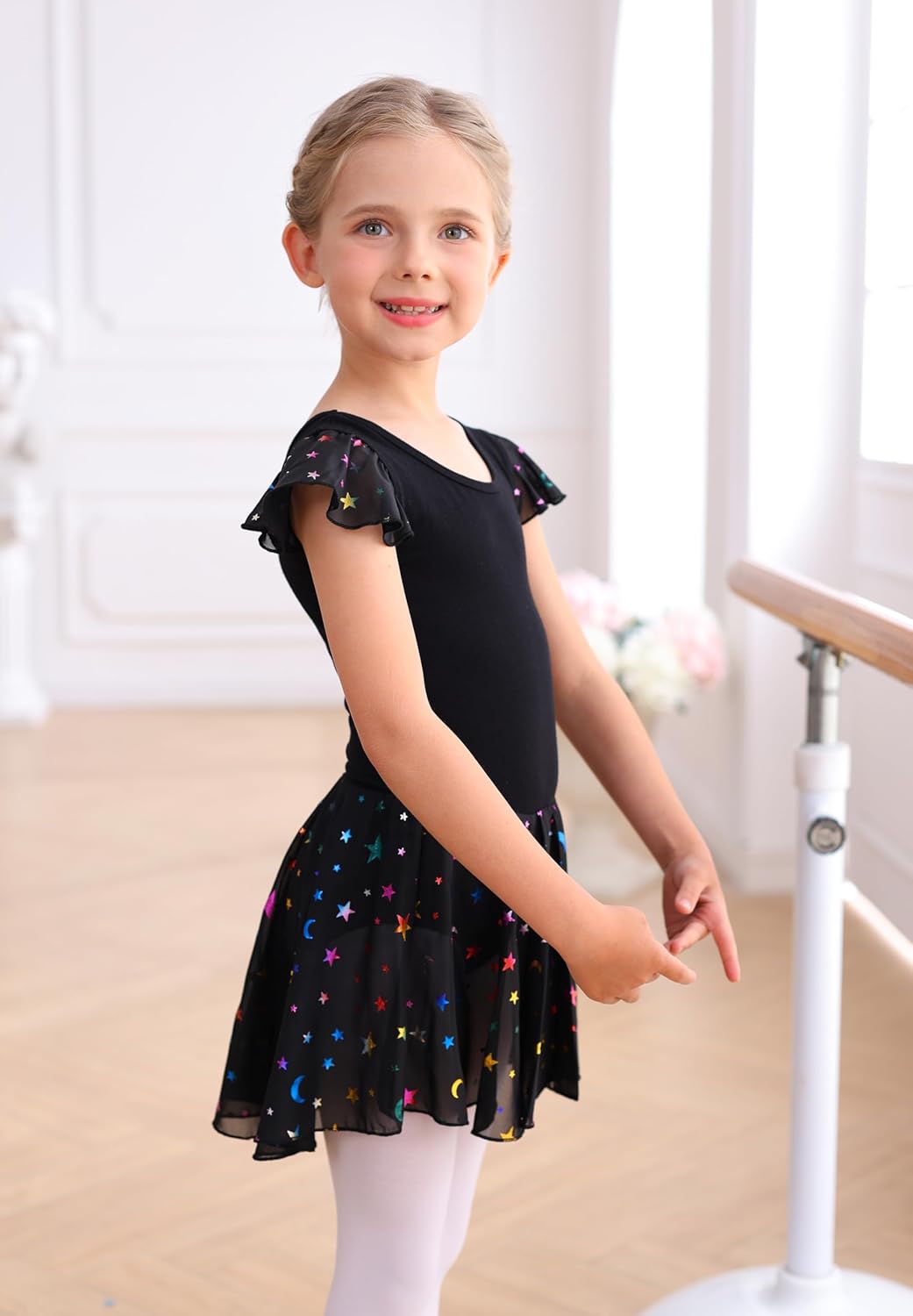 MdnMd Dance Ballet Leotard with Star Moon Sequins Skirt for Toddler Girls Ballerina Dress Outfit Ruffle Sleeve - Image 3