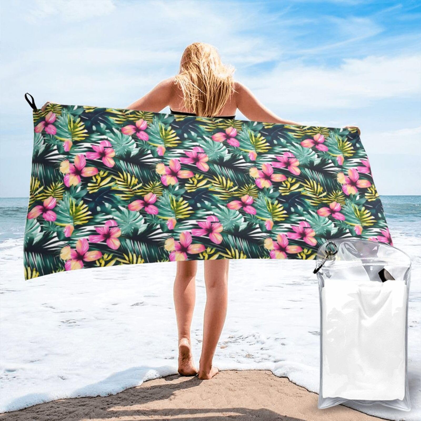 NImongt Tropical Summer Hawaiian Flower Palm Leaves Print Adult Towel Travel Gym Beach Hiking Yoga Camping Lightweight Quick Dry Versatile