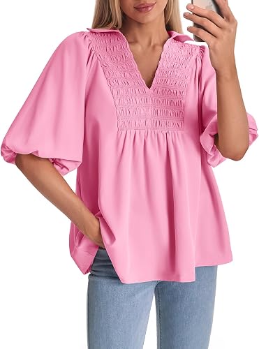 Cicy Bell Womens Summer Puff Sleeve Blouses Smocked V Neck Babydoll Peplum Casua