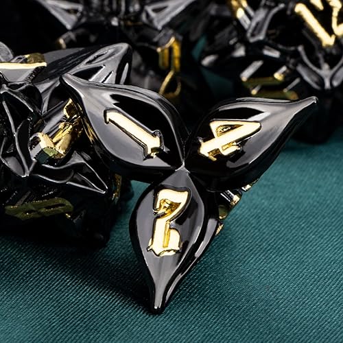 Miniatura 3 de ARUOHHA DND - Juego de dados de metal con diseño de números de hoja negra, dorados, dados poliédricos con caja, 7 dados D y D, juegos de rol D20