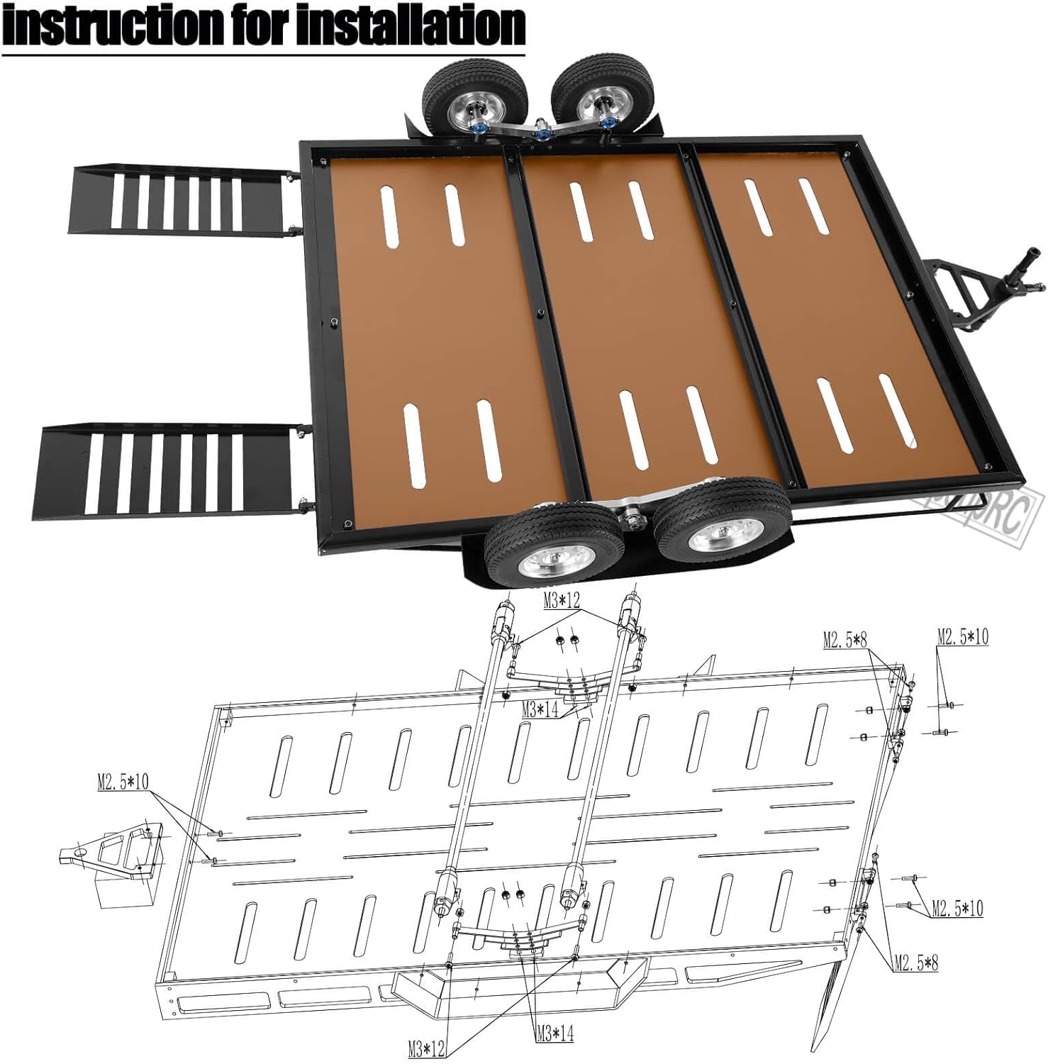 RC Trailer Kit with Elastic Kinetic Winch Strap for 1/10 RC Crawler SCX10 TRX6 Red cat GEN8 TRX4,Iron Aluminum Trailer,Brown