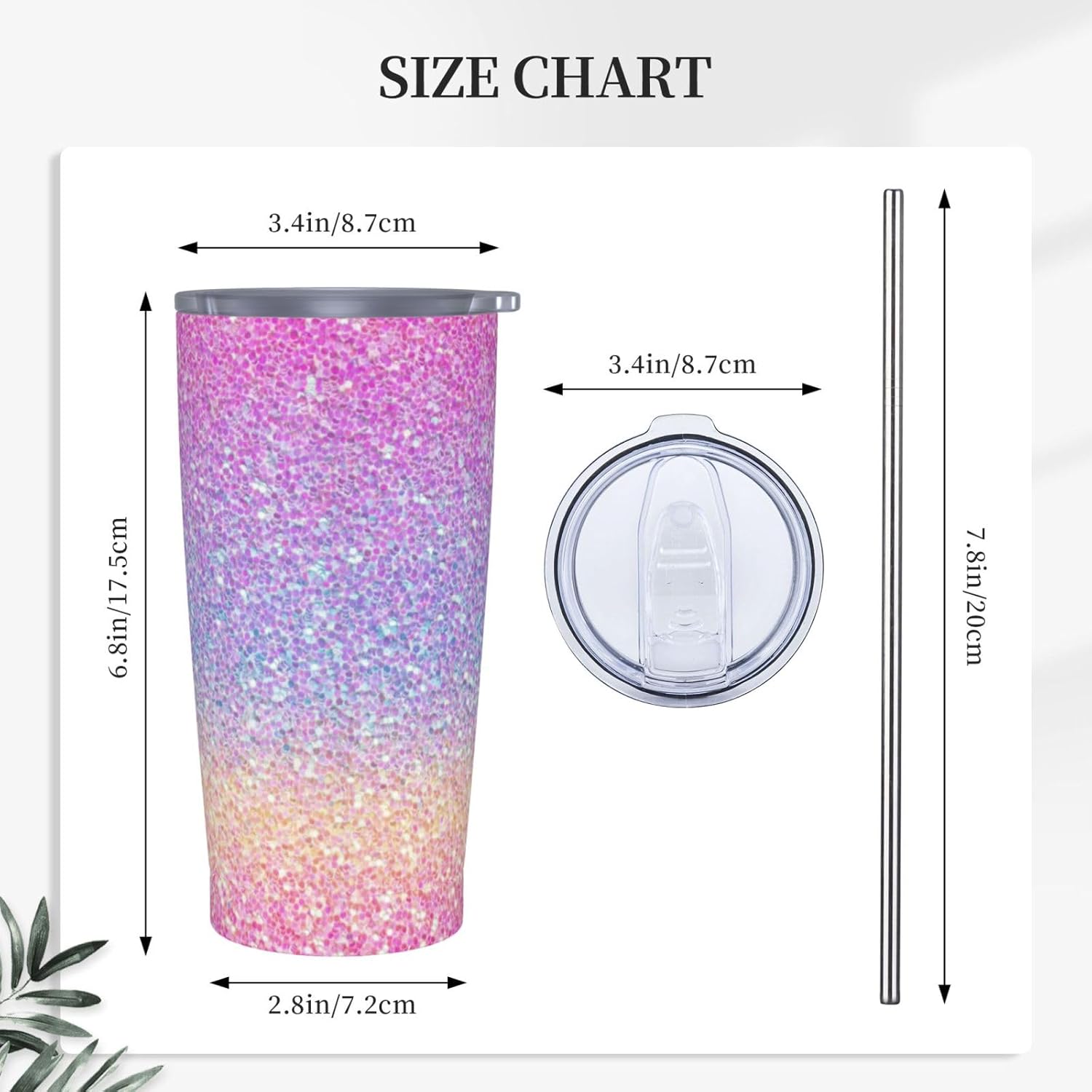 Multicolored Glitter Tumbler Cup with Lid and Straw, 20 oz Stainless Steel Insulated Travel Mug, Hot and Cold Water Bottle, Glitter Gradient Souvenir for Men Women