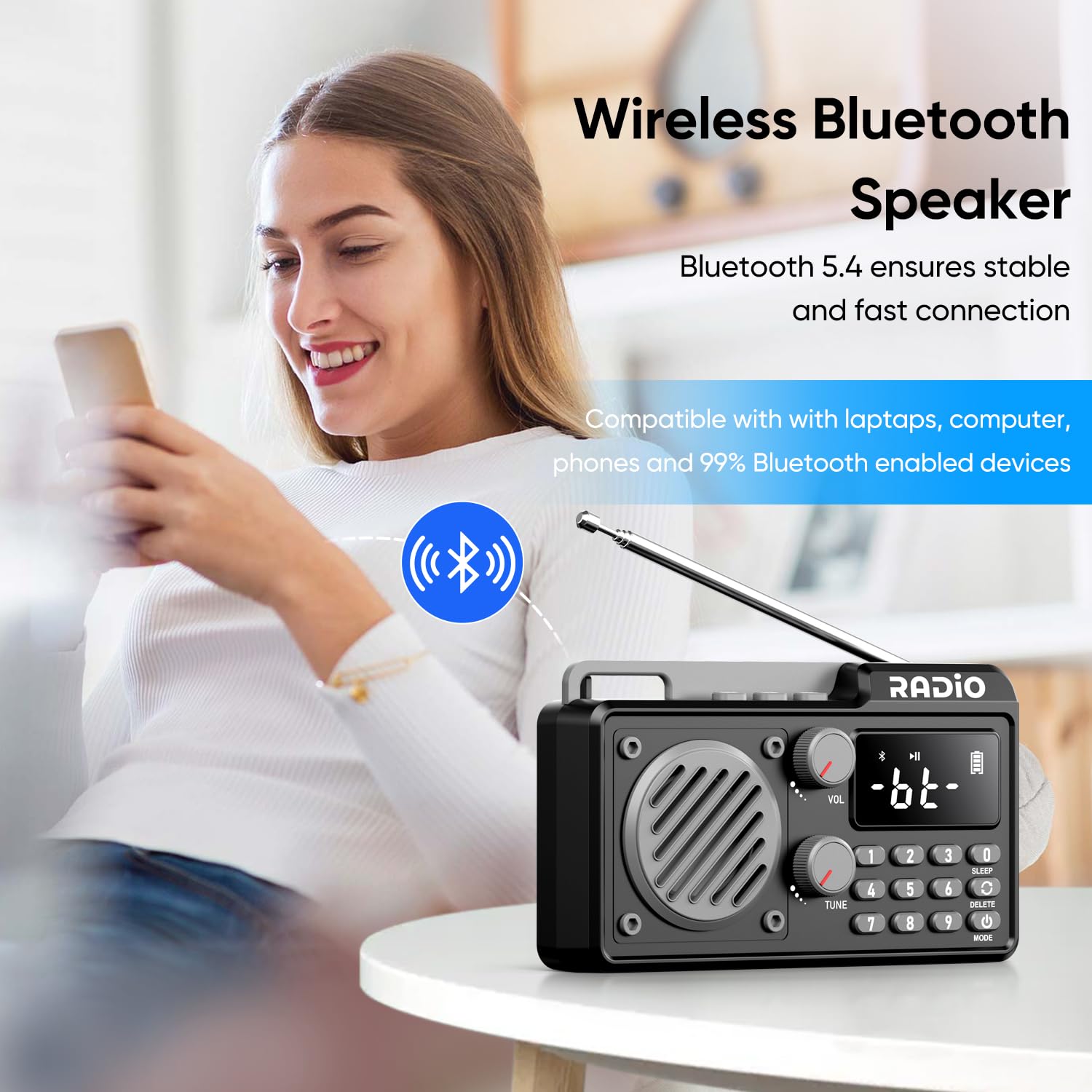Radio Portátil Am/FM/SW con Bluetooth Pequeña Radio Recargable con Altavoz, Función Temporizadora y Puertos USB/TF/AUX para Cocina, Dormitorio y Exterior