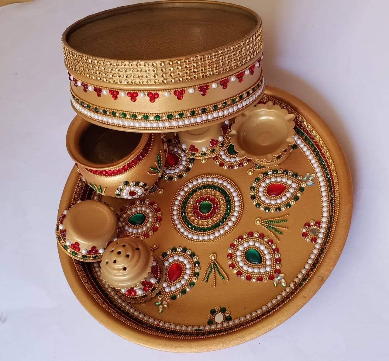 Lot de 6 Karwa Chauth Puja en acier inoxydable avec Lota et Chalni