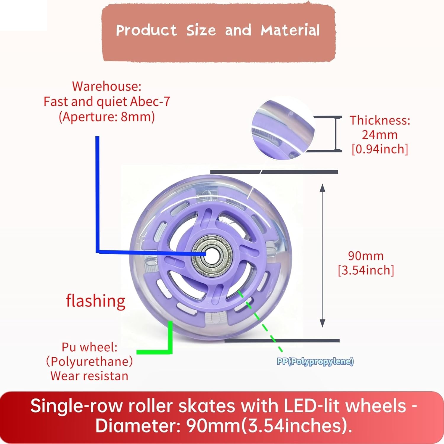 Inline Skate Wheels 8pcs 90mm (3.5 Inch) Flashing Replacement Wheels, LED Light Up Wheels for Inline Skates, Scooters, Wagons & Baby Strollers(Gray-blue)
