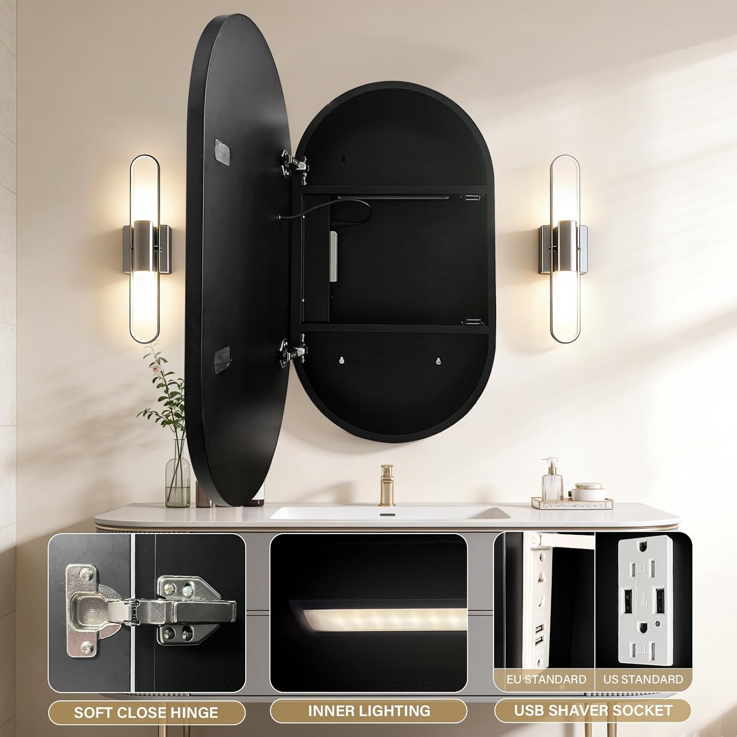 Oval Medicine Cabinet with Light,LED Mirror Cabinet,USB Shaver Socket,Internal Light,Steel with Powder Coating,Soft Closing Hinge,20×32inch