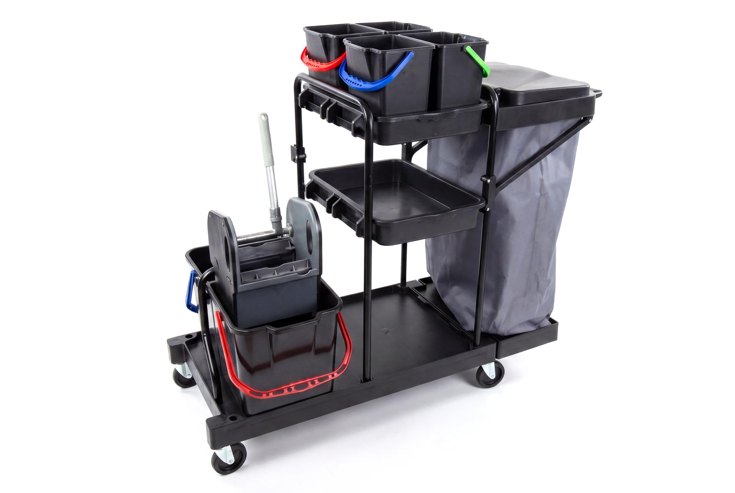 Hypafol Service Reinigungswagen Profi mit Abfallsackhalter Schwarz | Komplett ausgestatteter Reinigungswagen mit Abfallsammlung, Zubehörablagen und Nassreinigungssystem für Profis