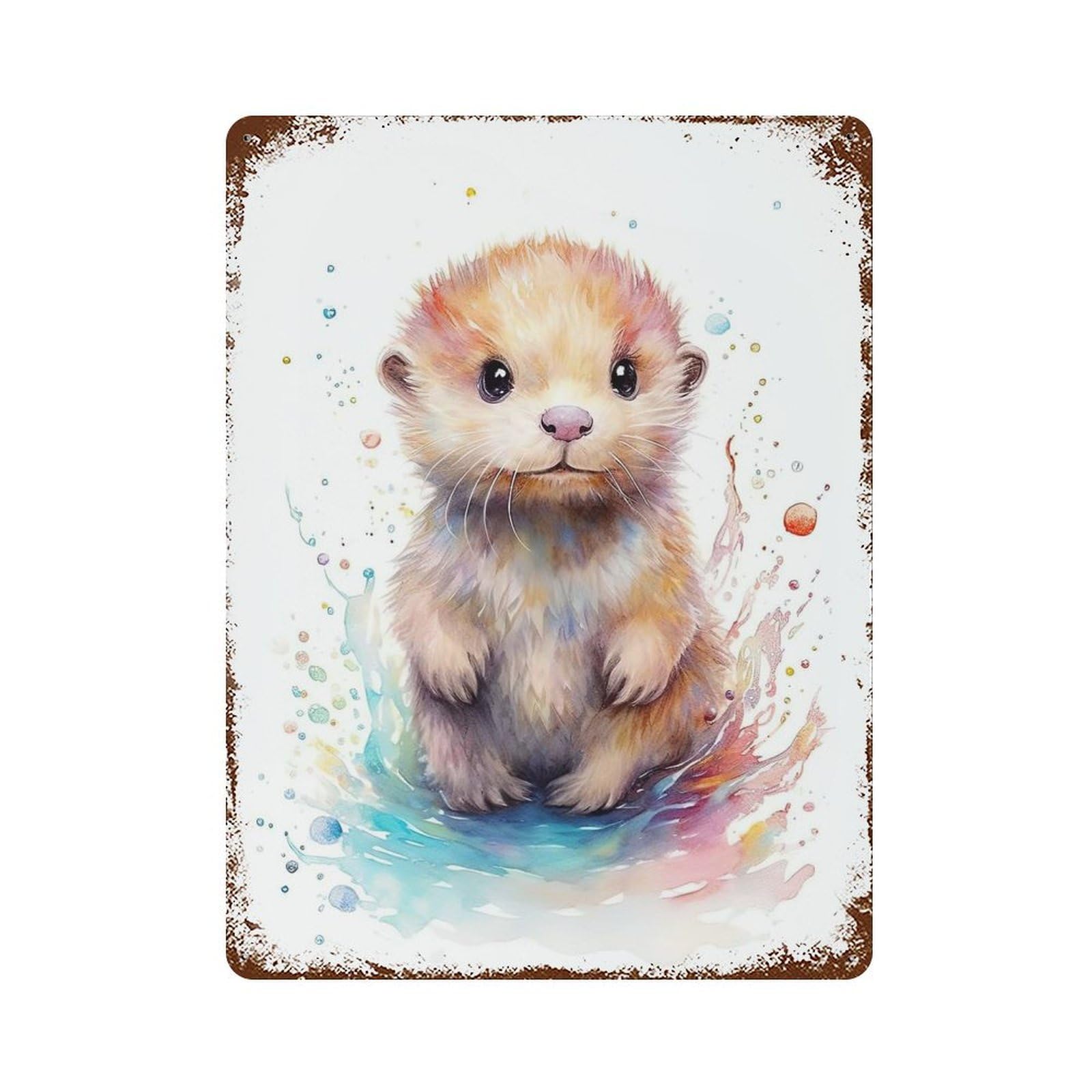 Cute Watercolor Baby Otter Rust Effect Tin Sign 15.7"x11.8", Rustic Home Decor for Garage, Bar And Workshop Decor