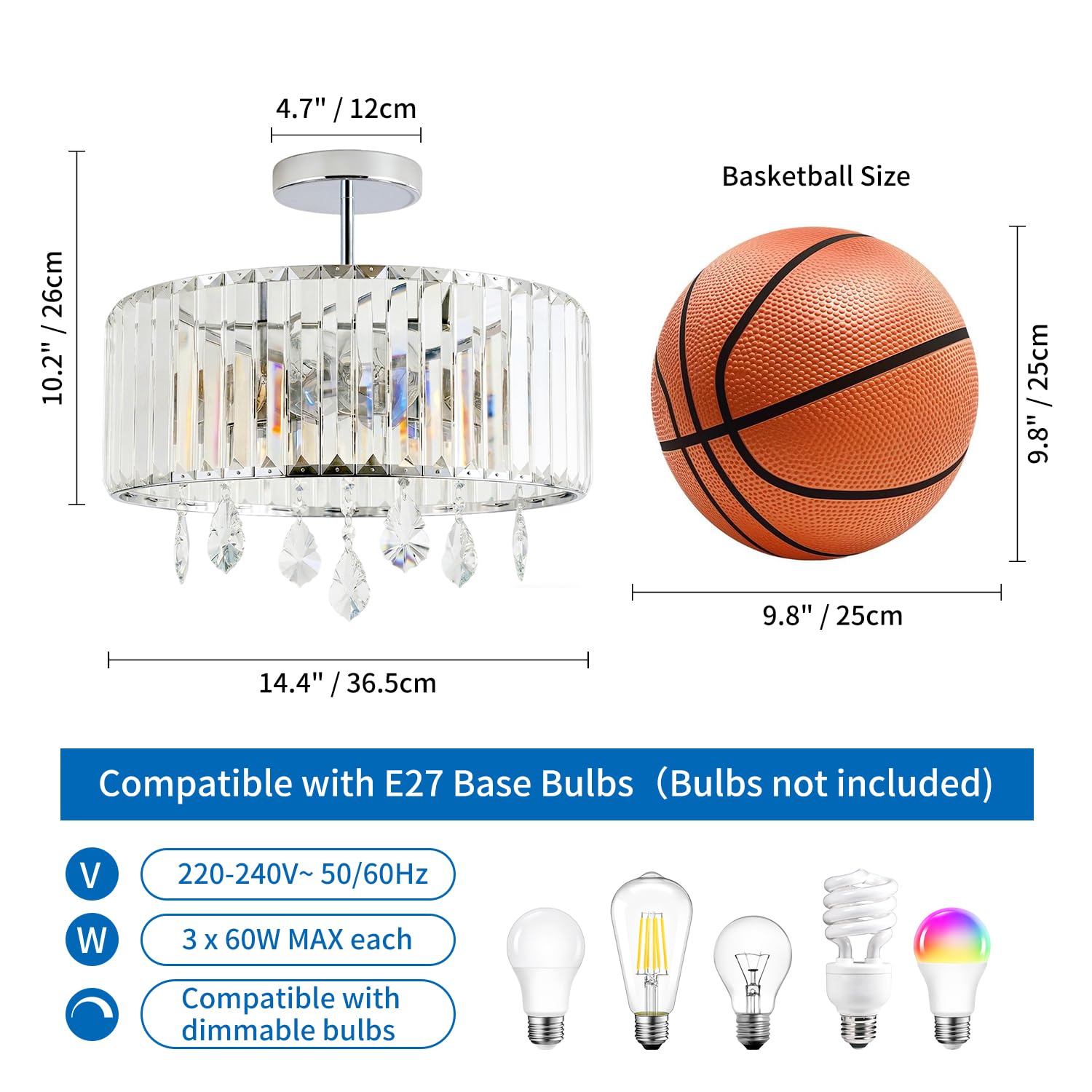 ANWIO Lampadari Cristallo Argento, Plafoniere Soggiorno Argento con 3 Luci, Lampadario a Sospensione Moderno E27, Plafoniere Vetro Per Camera da Letto, Ristorante, 36.5 CM (Senza Lampadine) Kitchen
