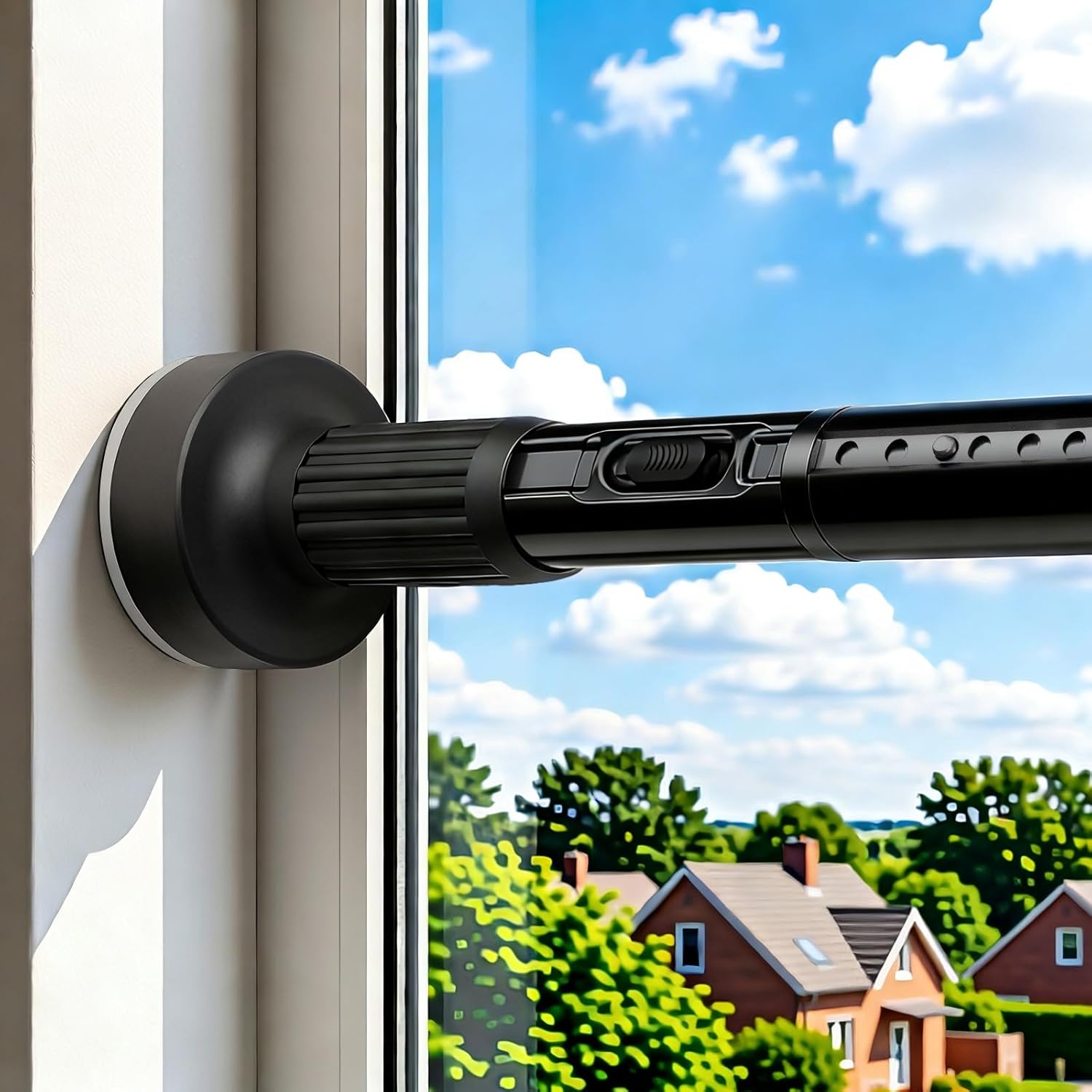 One Click Tension Curtain Rod 40-67" Adjustable Shower Rod Black Anti Slip No Drilling Suitable for Windows Bathroom Kitchen Closet Outdoor Courtyard