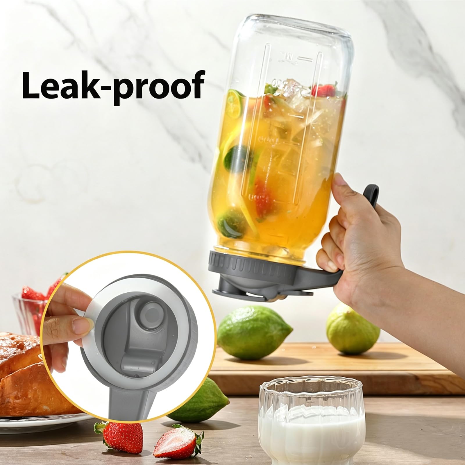 Hniuyun Brocca per latte, 1,8 l, ermetica, in vetro, a bocca larga, con coperchio per versare latte materno, tè freddo, caffè freddo, succo di frutta (grigio)
