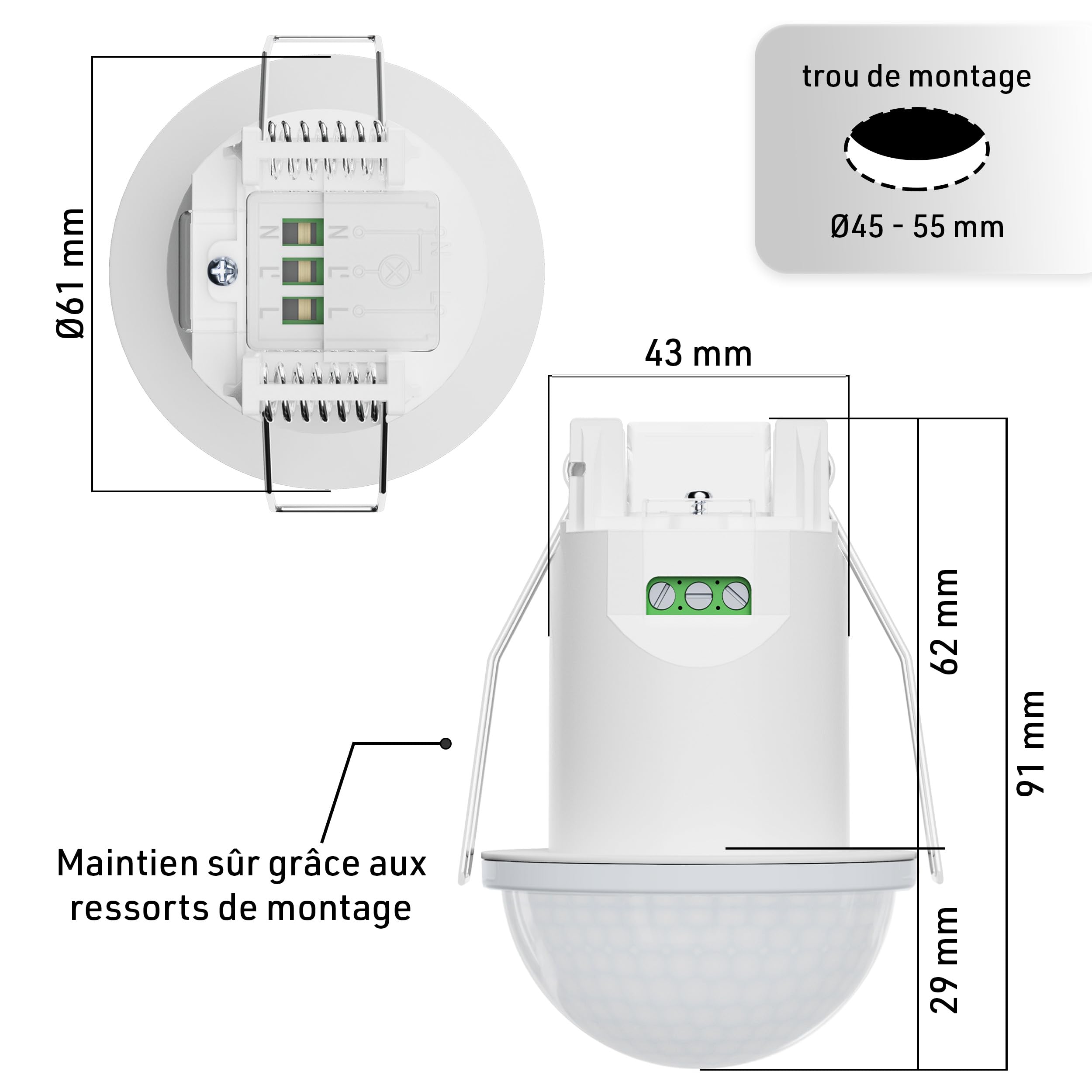 Oktaplex Kim Lot de 2 détecteurs Plafond encastrés IP54 Blancs | Capteurs PIR 10m pour salle de bain et extérieur