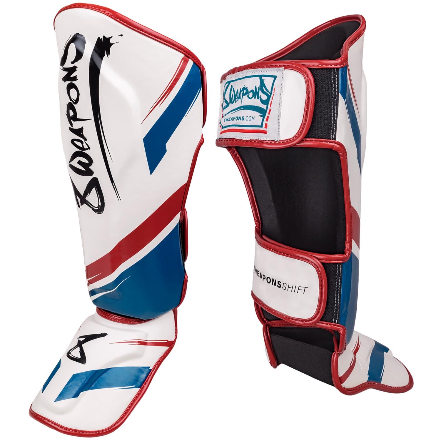 8 WEAPONS Espinilleras Shift, blanco y rojo marino, entrenamiento y competición, piel sintética de alta calidad y amortiguación perfecta, Muay Thai, K1, MMA, karate y kickboxing
