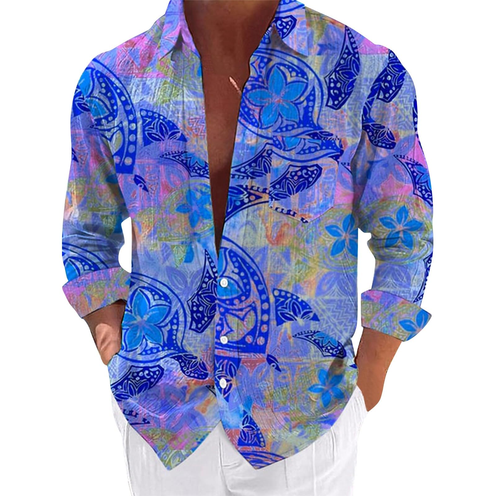 PODOLIXIA Camisa de manga larga para hombre, camisa hawaiana para hombre, camisa informal hawaiana, estilo tropical, estampado con botones, camisa informal de verano para hombre