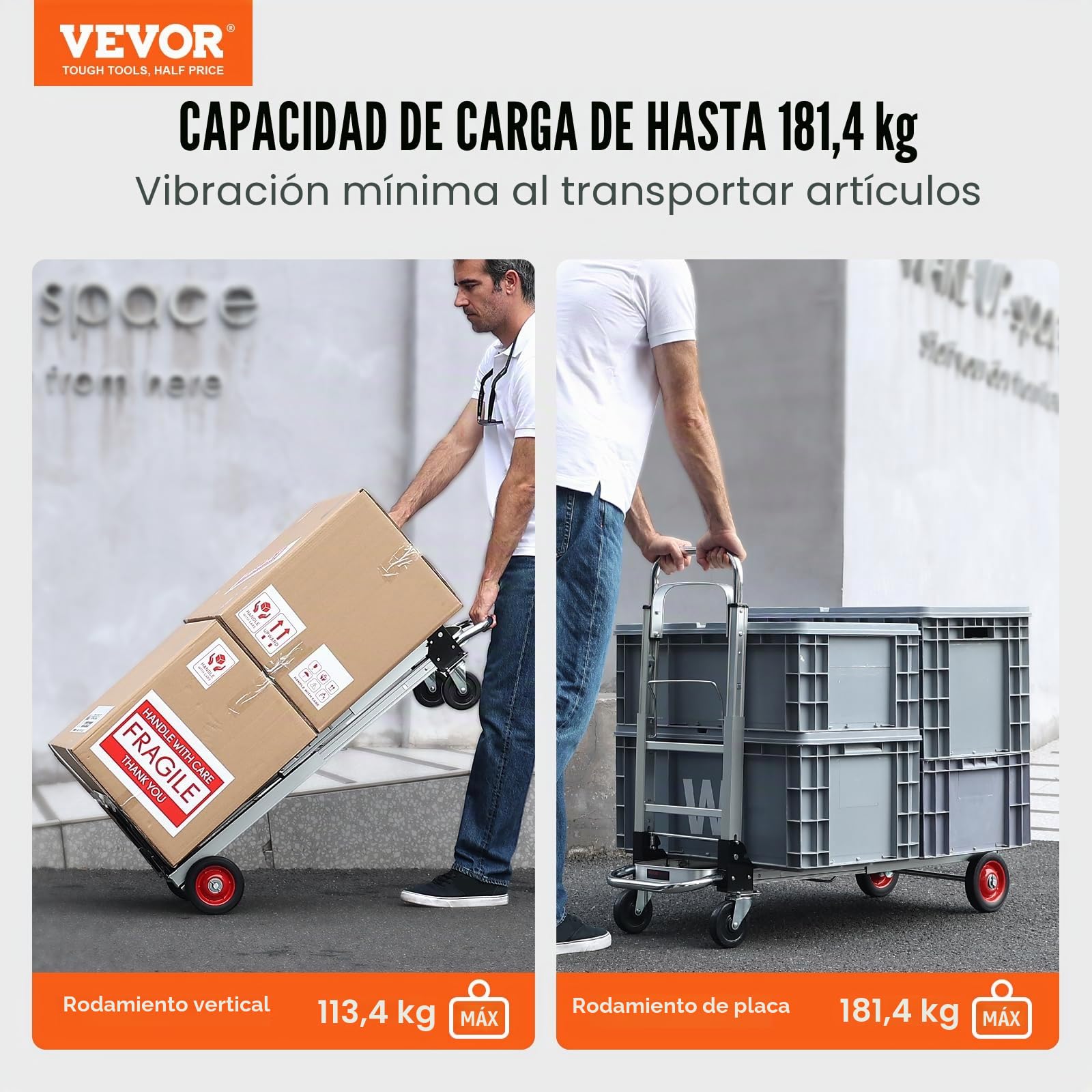 VEVOR Carretilla de Mano Plegable de Aluminio Carro de Mano 2 en 1 Carretilla de Transporte Plegable con Plataforma Carga de 181 kg Ruedas de Goma para Transporte de Mercancías de Almacén Supermercado