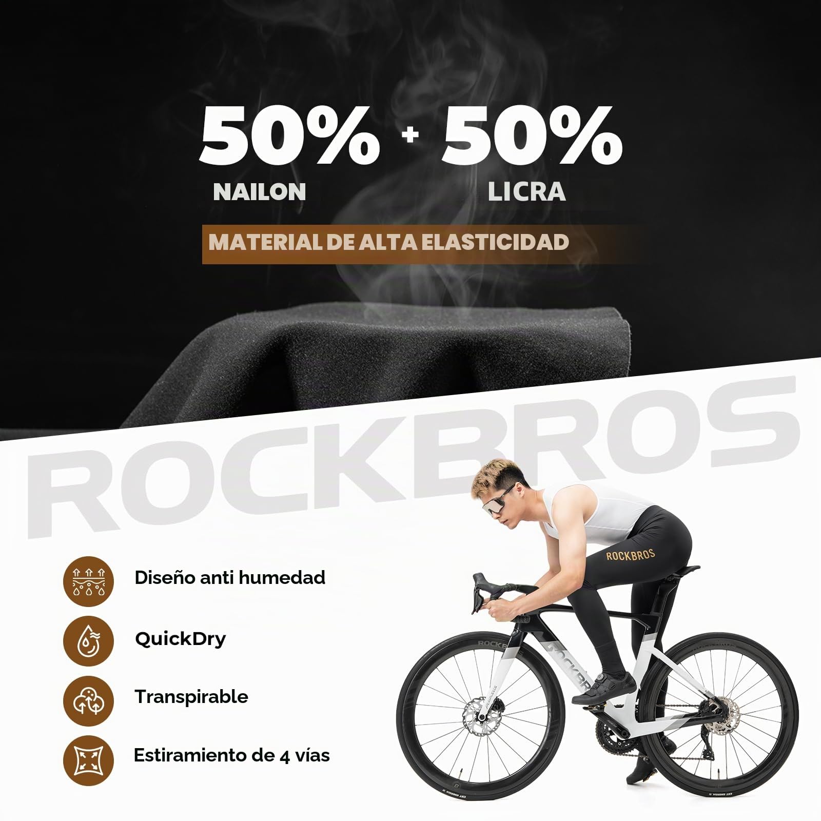 ROCKBROS Culotte Largo con Tirantes para Hombres, Pantalones de Ciclismo con Acolchado Pro, Transpirable y Elástico para Bicicleta Carretera y MTB